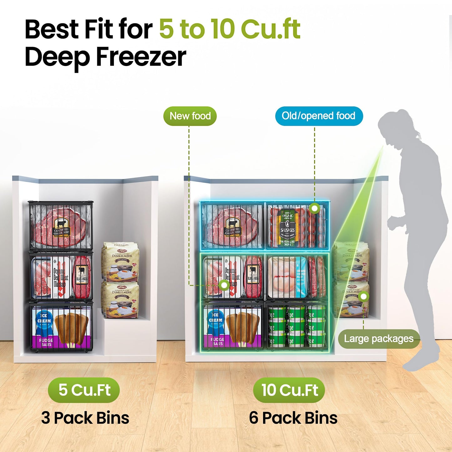 MSERCUOR Freezer Organizer Bins, 3 Pack Big Stackable Deep Chest Freezer Organizer Bins, Foldable Baskets with Handles, Black Storage Container Baskets for 5 to 9 Cu.FT Deep Freezer Sort Frozen Meats