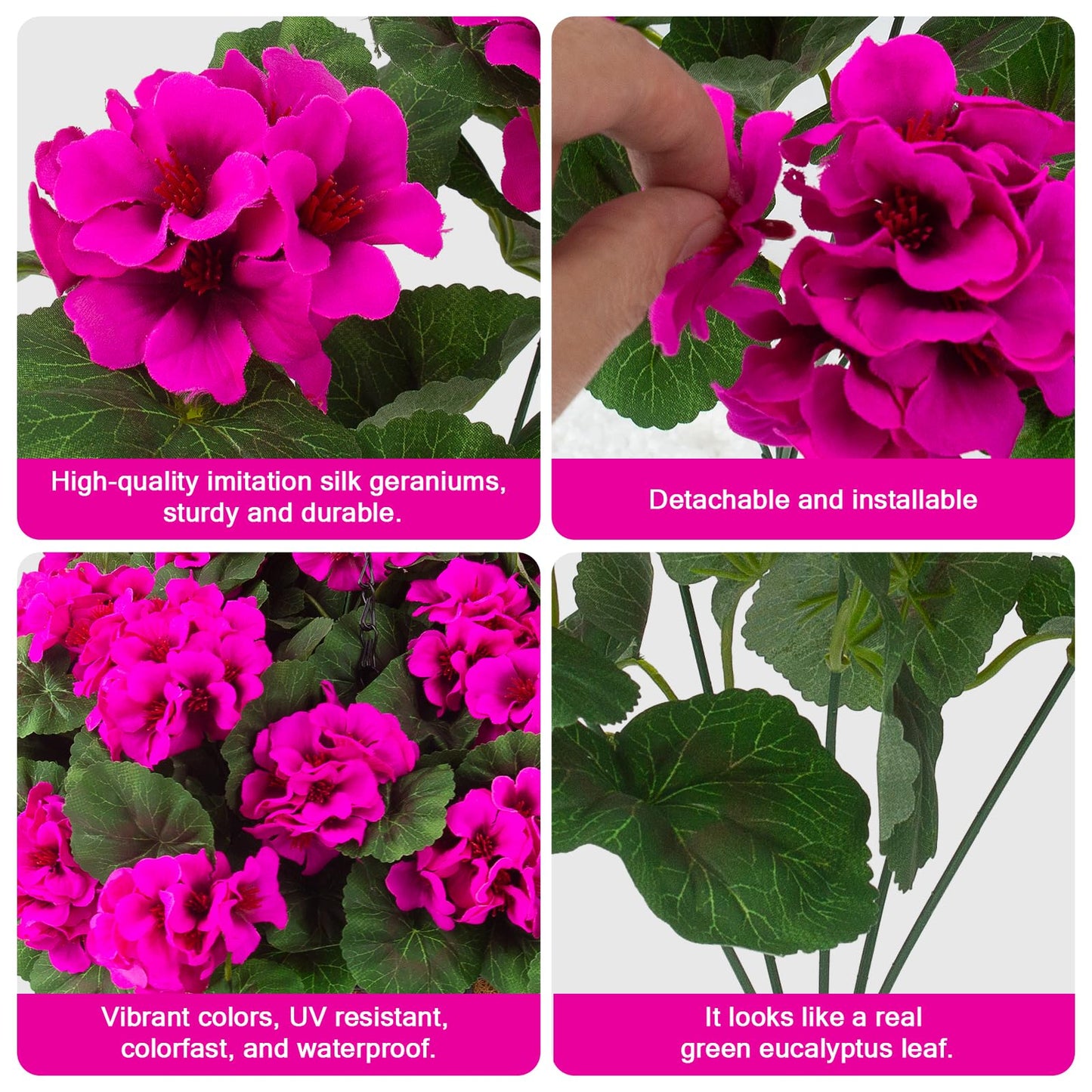 Hananona 2 Set Artificial Outdoor Geraniums Flowers with Hanging Basket, 2 Hanging Planters with 12 Pcs Red Geranium Flowers for Spring Summer Front Porch Garden Patio Home Decor (2, Rose Red)