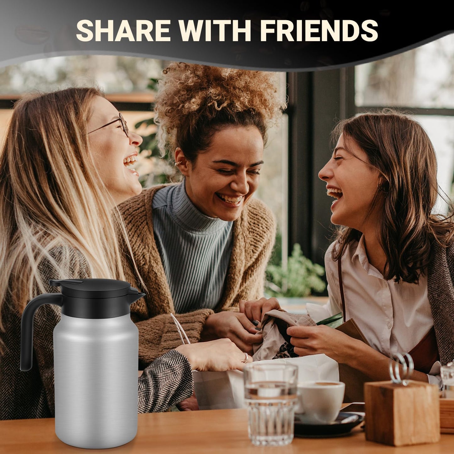 WYHVAND 51oz Thermal Coffee Carafe for Home & Office, 12H Hot Insulated Pitcher with Drip-Free V-Spout and Easy Clean 2.75" Wide Mouth, Silver