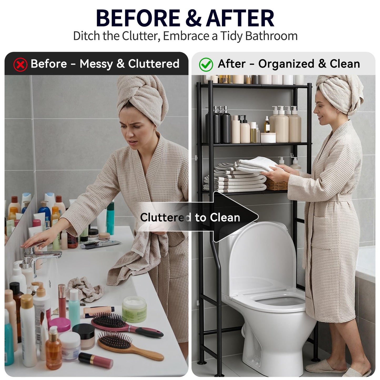 ASCENREST 3-Tier Over The Toilet Storage, Freestanding Metal Bathroom Shelves, Space Saver Above The Over Toilet Storage Shelf for Bathroom (Black)