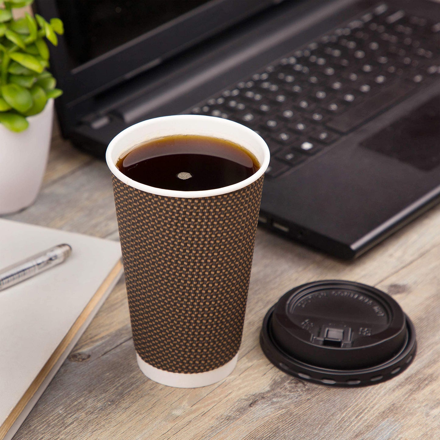 Promora Brown Disposable Coffee Cups With Lids 16 oz, Premium Insulated Paper Ripple Cups for Hot Coffee, Paper Coffee Cup with Lids (80 Pack)