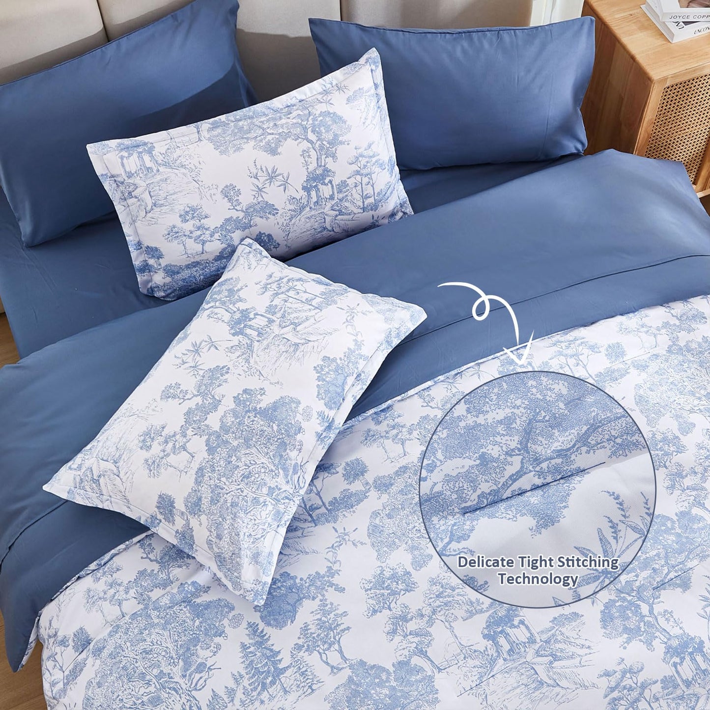 DJY Blue Comforter Set King, 7 Pieces Bed in a Bag King Size Botanical Comforters with Sheets Elegant Plants Print Soft Microfiber Reversible Complete Bedding Sets for All Season