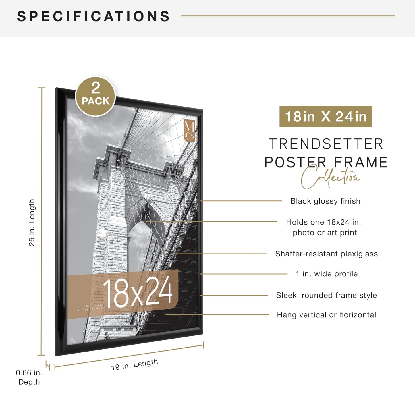 MCS Trendsetter 18x24 Poster Frame Black High-Gloss, Vertical & Horizontal Wall Hanging Large Picture Frame for Photos, Posters & Art Prints (2-Pack)