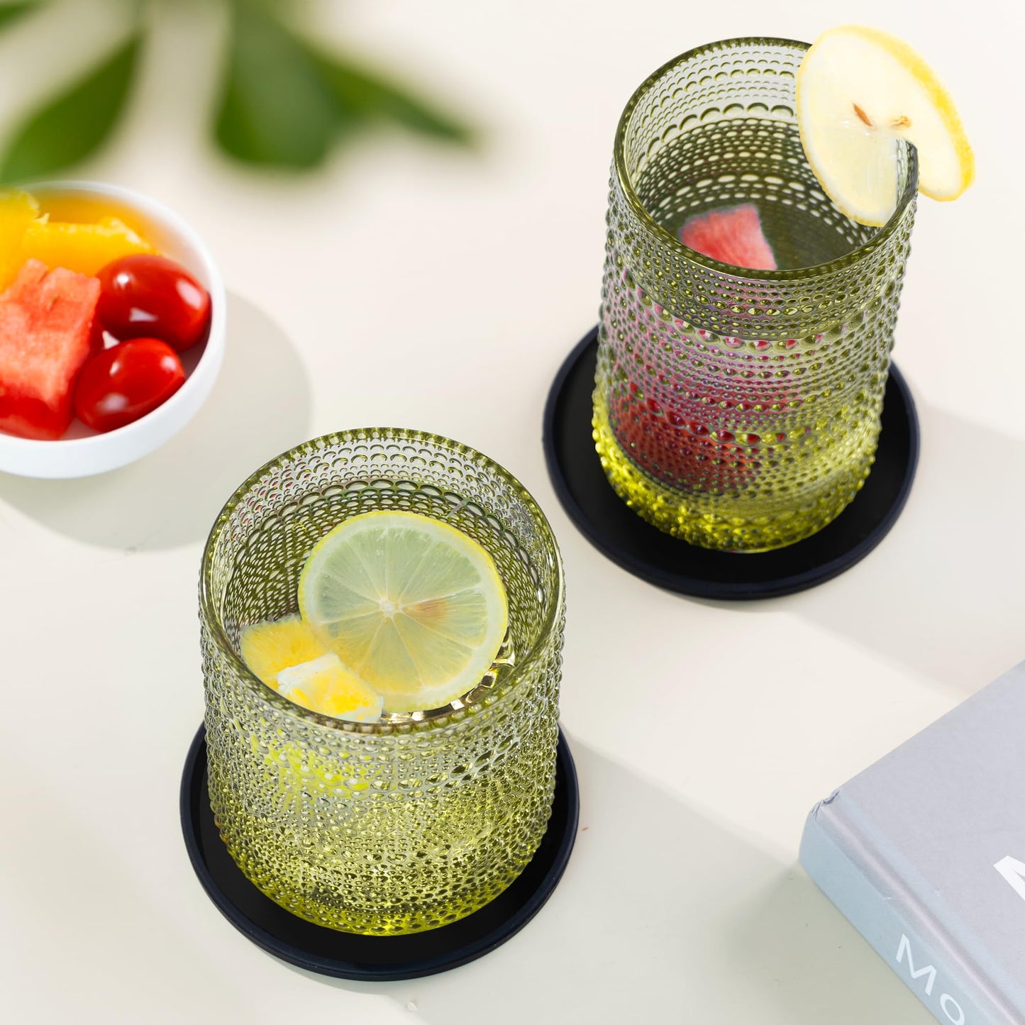 DmmyAlzx Hobnail Drinking Glasses Set of 12 Count, Vintage Glassware, Old Fashioned Glasses, 6 Highball Bubble Drinking Cups 14.5 oz, 6 Rocks Cups 10 oz with 6 Silicone Coasters, Green