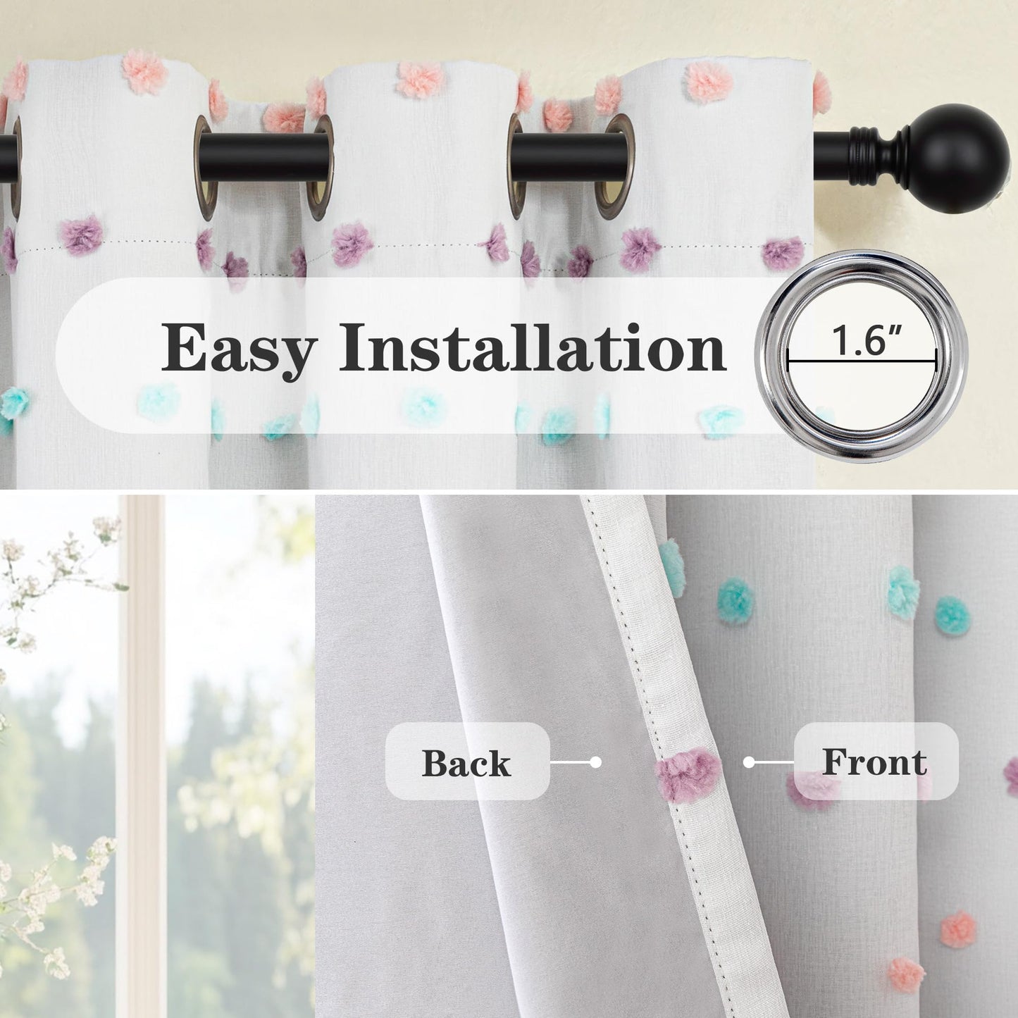 MEETSKY Kids Blackout Curtains for Girls Bedroom 63 Inches Nursery Curtains with Rainbow Pom Pom Sheer Room Darkening Window Drapes for Living Room Grommet Set of 2, 52" W x 63" L