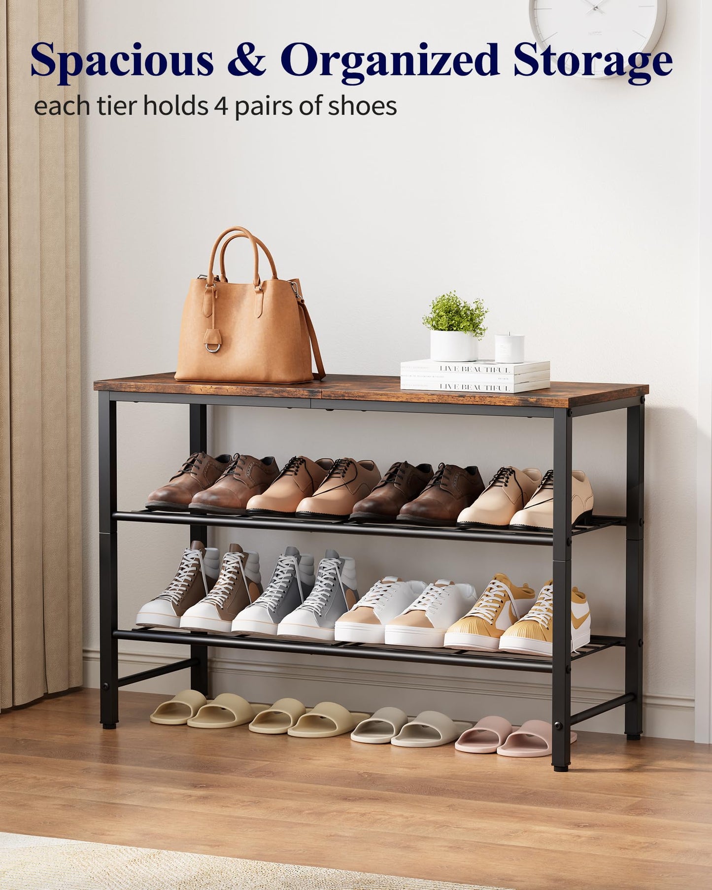 Kitsure Shoe Rack for Closet, Rustic Brown Shoe Organizer with Leveling Feet, Sturdy & Rust-Proof Shoe Storage for Entryway, Bedroom, Living Room, 29.5" x 11.4" x 18.4", Brown