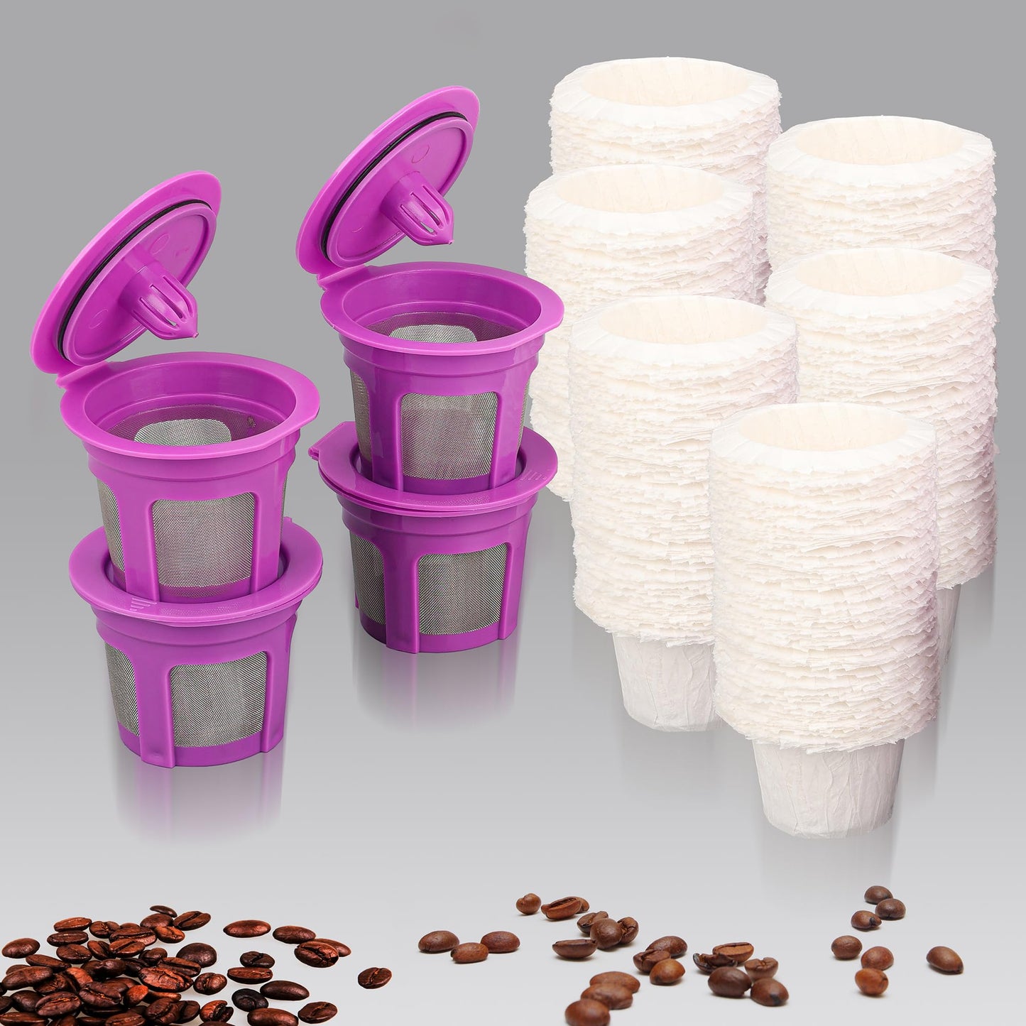 Irmidi 600 Count Disposable Paper Coffee Filters with 4 Pack Reusable K Cups, Compatible with Keurig 2.0 and 1.0 Coffee Maker