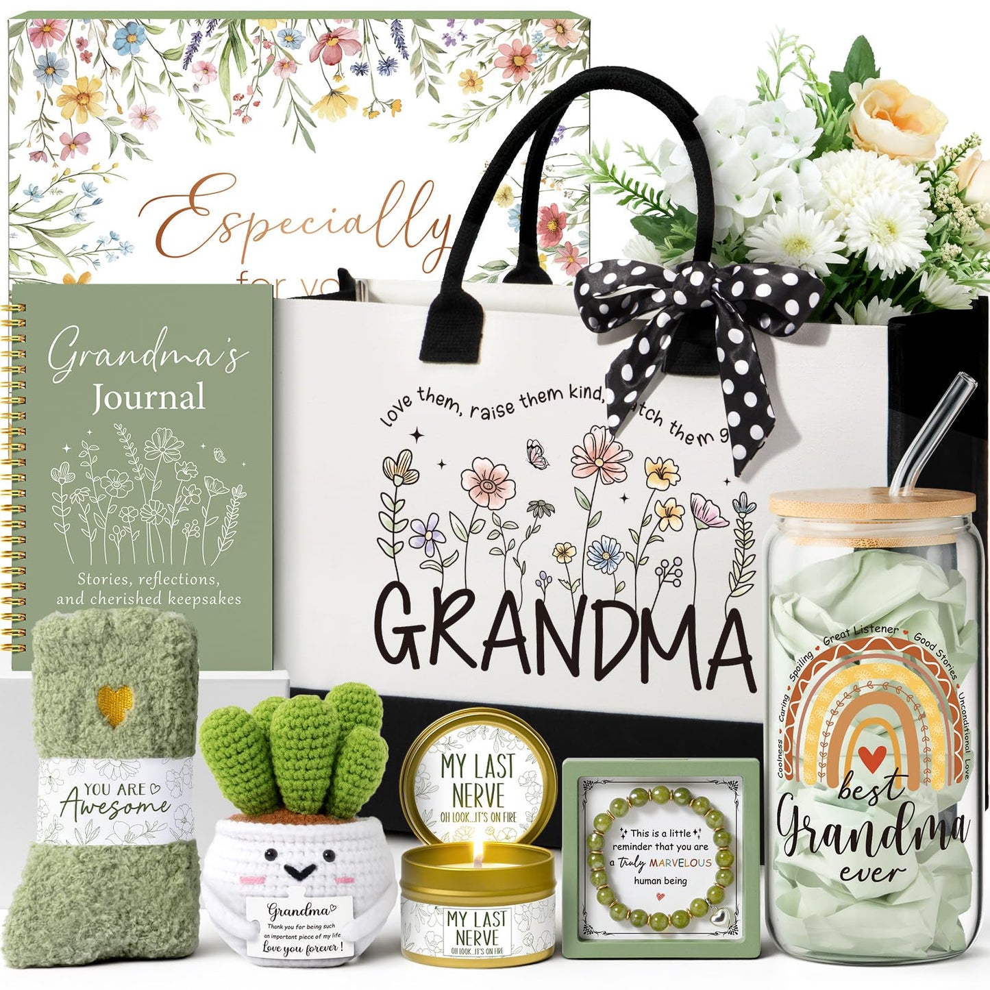 Mothers Day Grandma Gifts for Nana, Best Grandma Birthday Gifts from Granddaughter Grandchildren Grandkids, Unique Grandmother Nana Birthday Gift Basket for Gigi, New Granny Gift w/Canvas Tote Bag