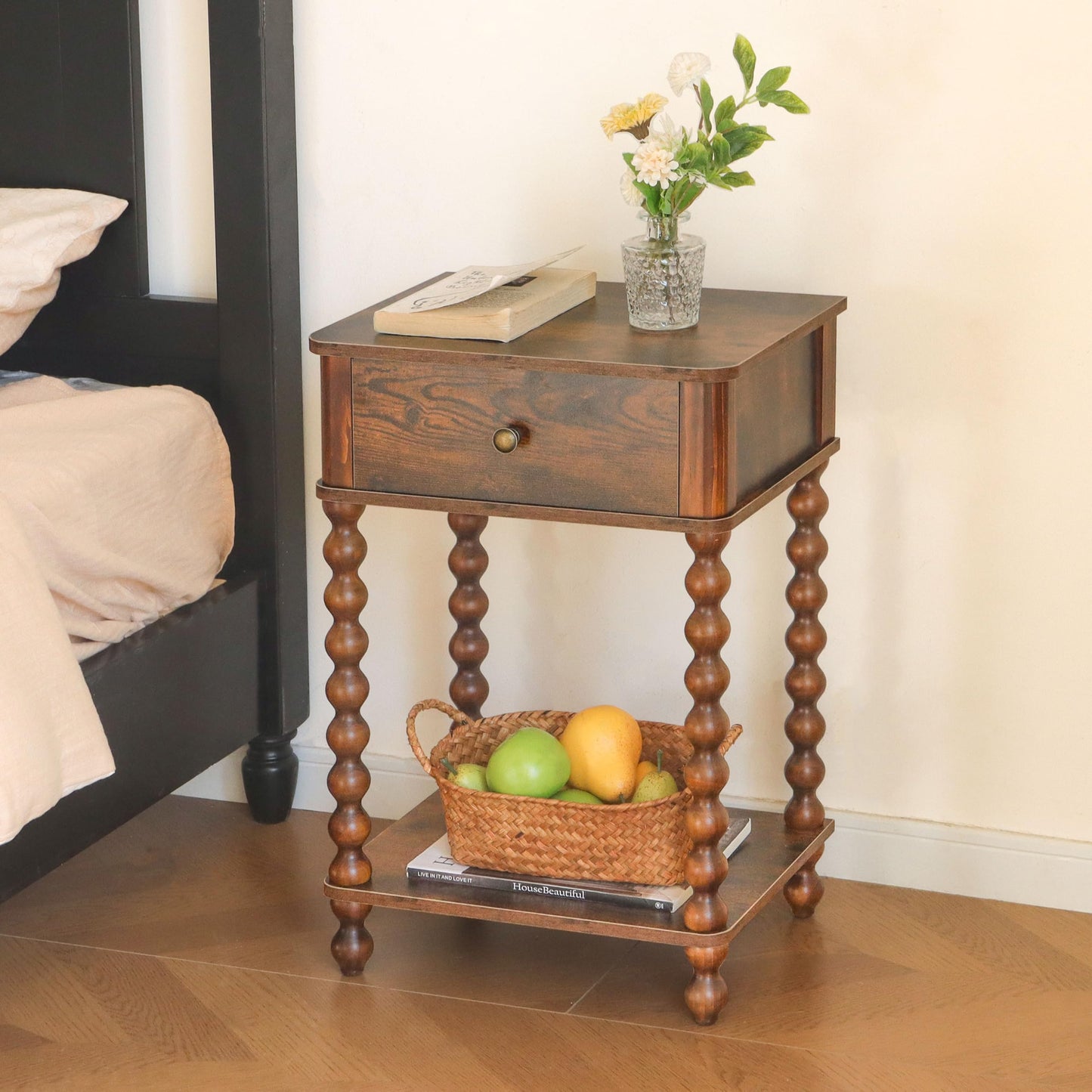 AWASEN Nightstand, Mid Century Modern Night Stand with Drawer for Living Room, Modern Bedside End Table with Spindle Wood Legs for Bedroom, Office, Rustic Brown