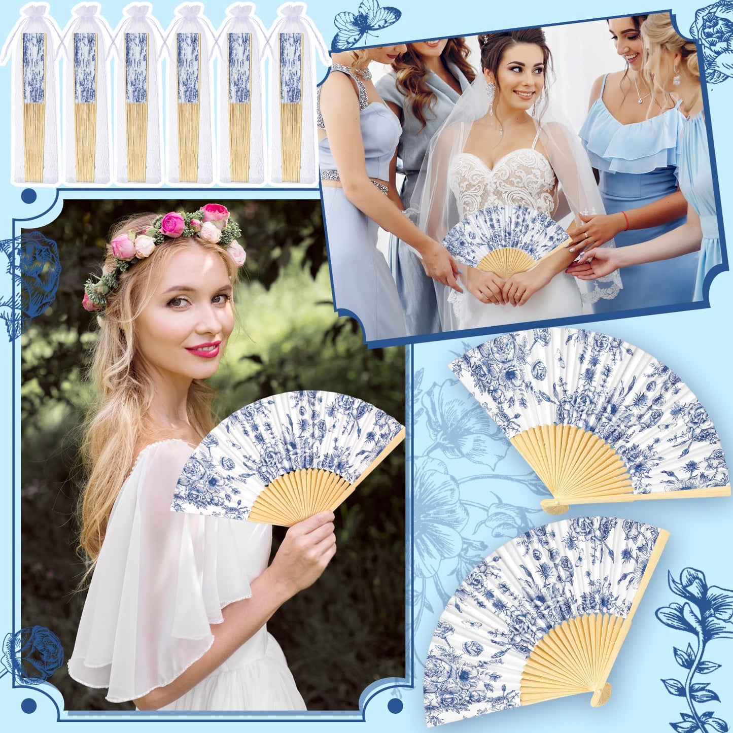 Vercraft 50 Sets Folding Hand Fans with Organza Bags Bulk, Paper Fans for Wedding Guests, Bridal Shower Party Favors, Summer Handheld Bamboo Fan Bridesmaid Gifts (Blue Floral)