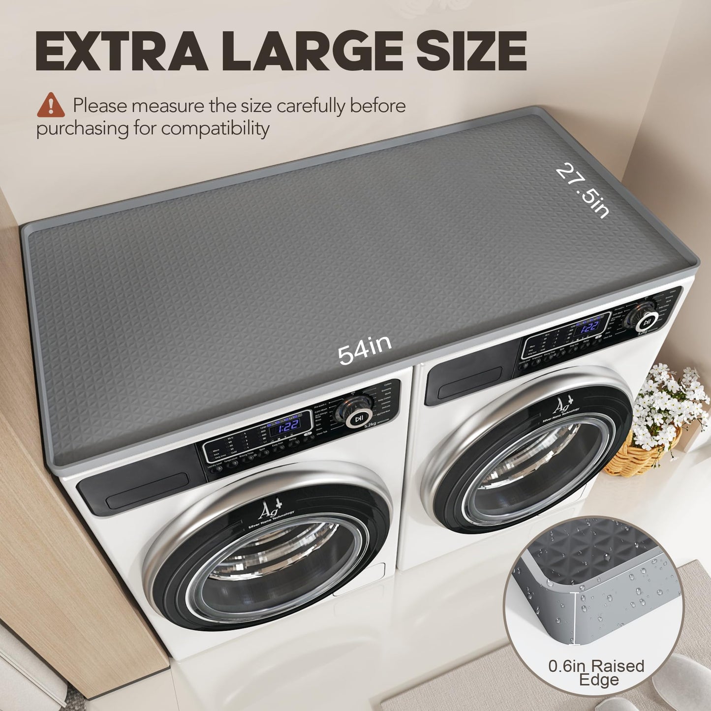 Washer Dryer Countertop, 54" x 27.5" Large Washer and Dryer Covers for The Top, Non-Slip Waterproof Silicone Dryer Top Protector Mat, Washer Dryer Topper for Laundry Room Kitchen Home（Gray）