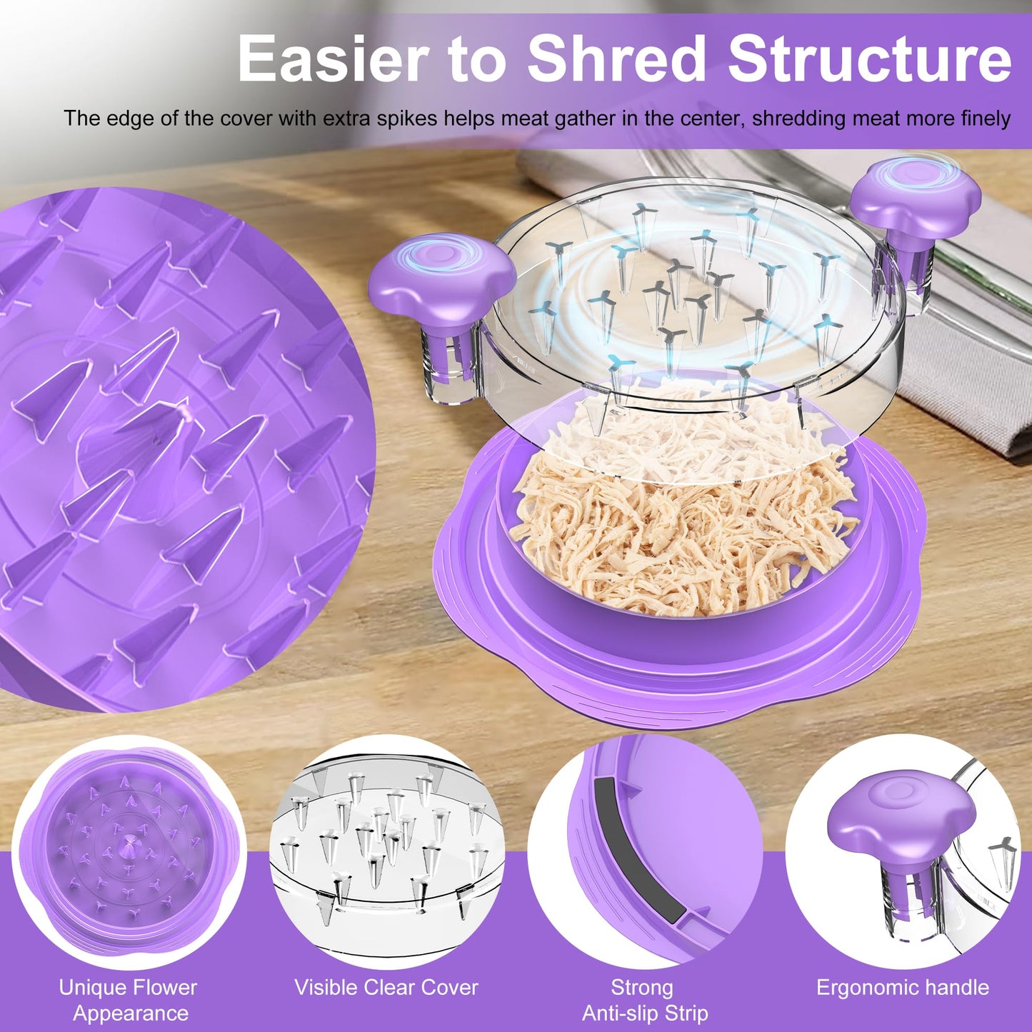 SURETIVIAN Chicken Shredder Tool Twist Large Chicken Breast Shredder with Brush&Fork, Visible Meat Shredder Machine, Anti-Slip Strip, Ergonomic Handle, BPA Free, Suitable for Pork Beef Chicken(Purple)