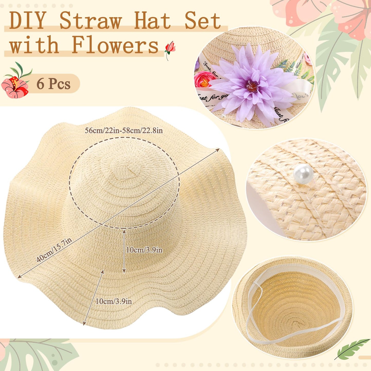 Funnysoft 6 Sets DIY Tea Party Straw Hats Kit DIY Straw Hat for Women Blank Sun Hats with Faux Flower Lace Ribbon for Adults Dress Up Party Camping Picnic Beach Trip Favor Crafts (Vivid Flower)