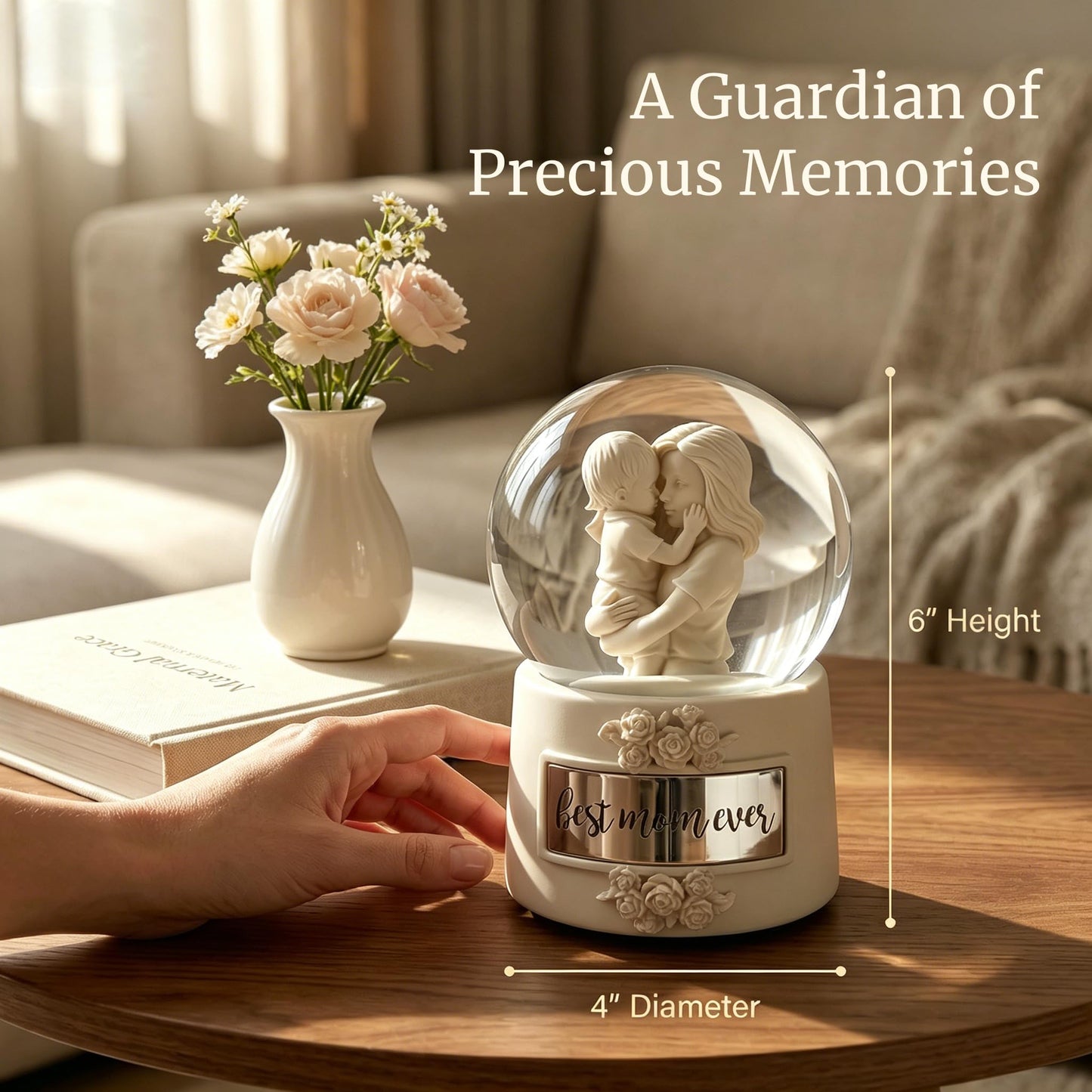 Mom Snow Globe Music Box, Wind-up Musical Water Globe with Mother and Son Figurine and Best Mom Ever Plaque, Mothers Day Birthday Gift for Mom from Daughter Son