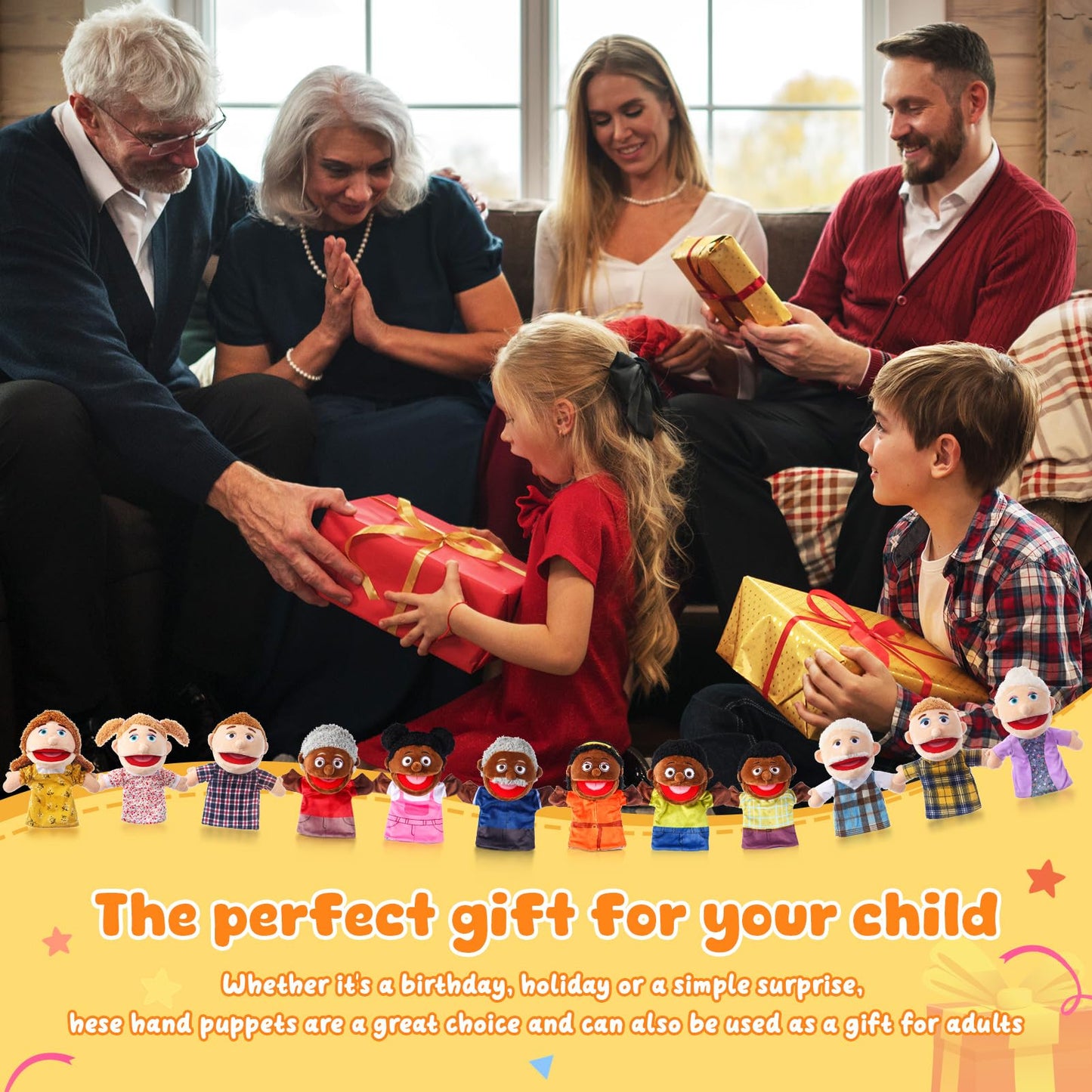 12 Pcs Family Hand Puppets 12 Inch Grandparents Mom Dad Brother Sister Plush Toys Role-Play Toy Puppets for Kids Storytelling Imaginative Pretend Play Teaching Preschool(Multicultural Family)