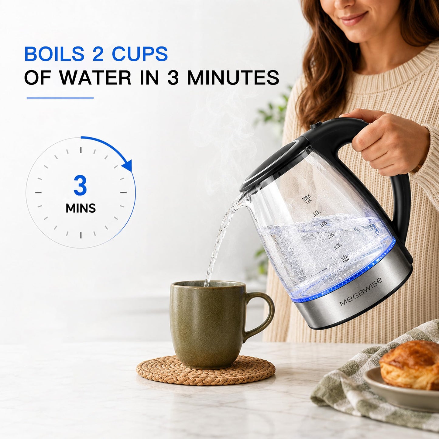 MEGAWISE Electric Kettle, No Plastic Contact with Water, Auto Shut-Off, Fast Boil, 1.8L Electric Glass Kettle, Hot Water Boiler, Tea Kettle, Borosilicate Glass, Black, 1000W
