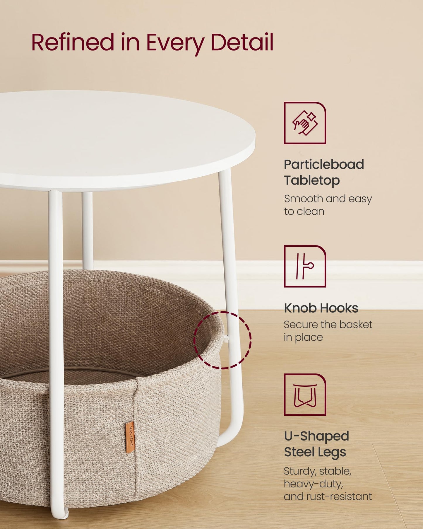 VASAGLE End Table with Lamp, 3-in-1 Floor Lamp with Table and Fabric Basket for Living Room, Tunable LED Bulb Included, Angle-Adjustable Lampshade, Matte White ULFL004WC01S