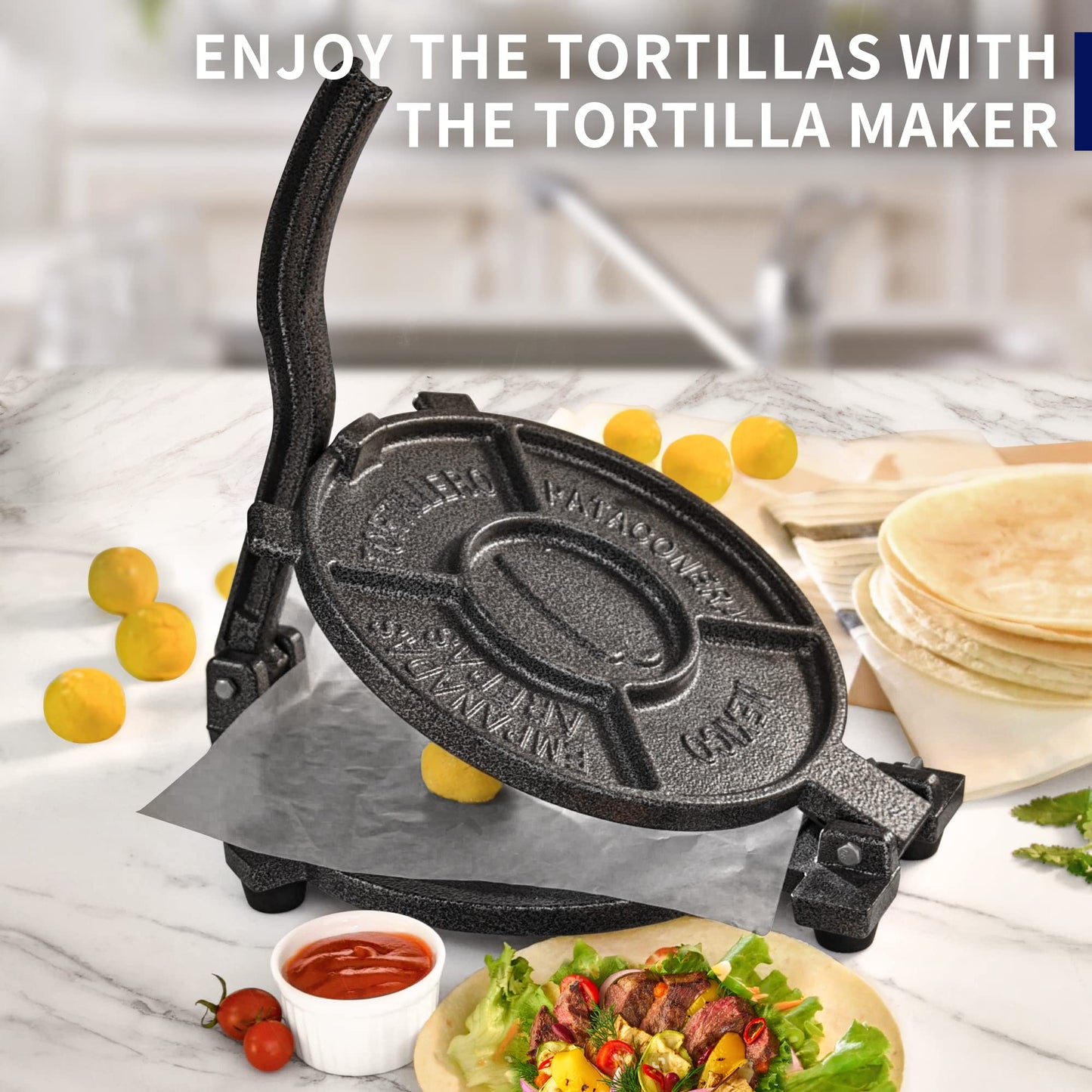 ARC Tortilla Press 10.4" Include 100 Pcs Parchment Paper, Cast Iron Tortilla Maker, Black Gray