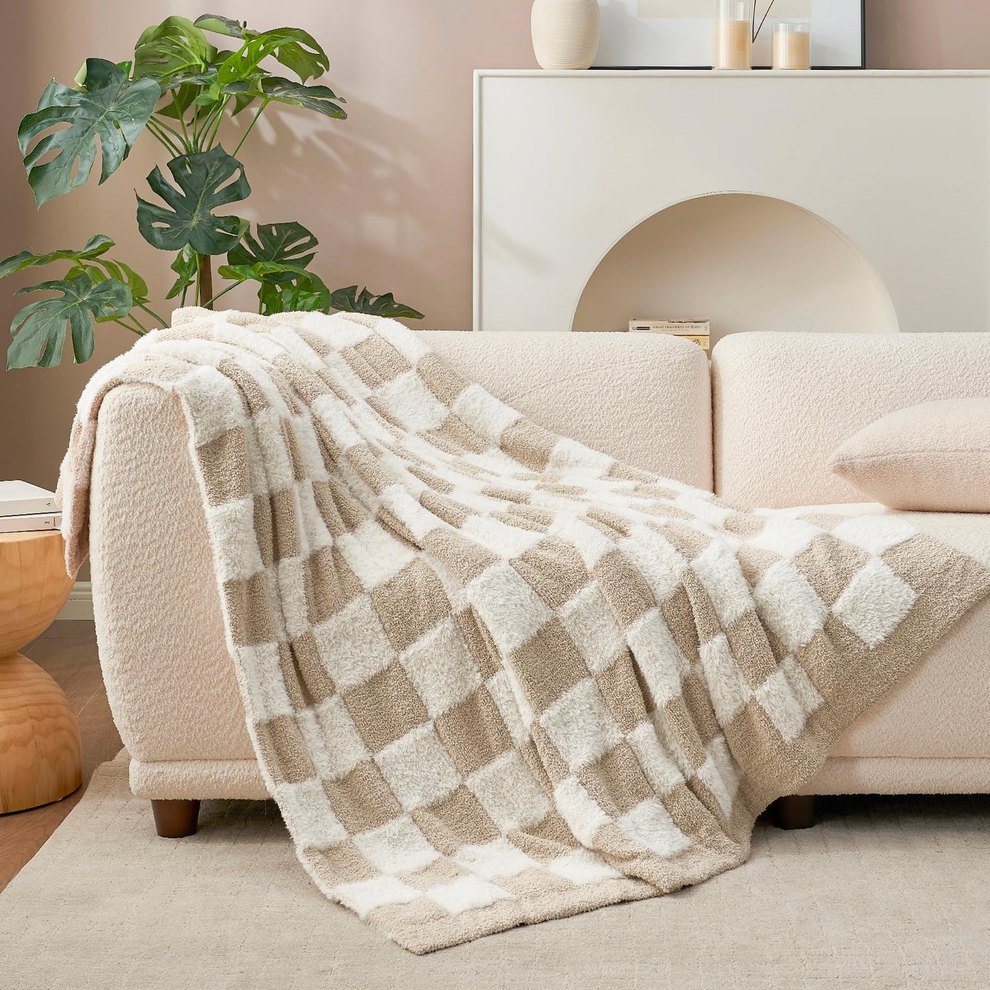 Snuggle Sac Checkered Oversized Throw Blanket Faux Fur Microfiber Blankets for Couch,Cozy Soft Warm Throw XL for Sofa Bedroom Living Room,Beige Checker,50x70 inches