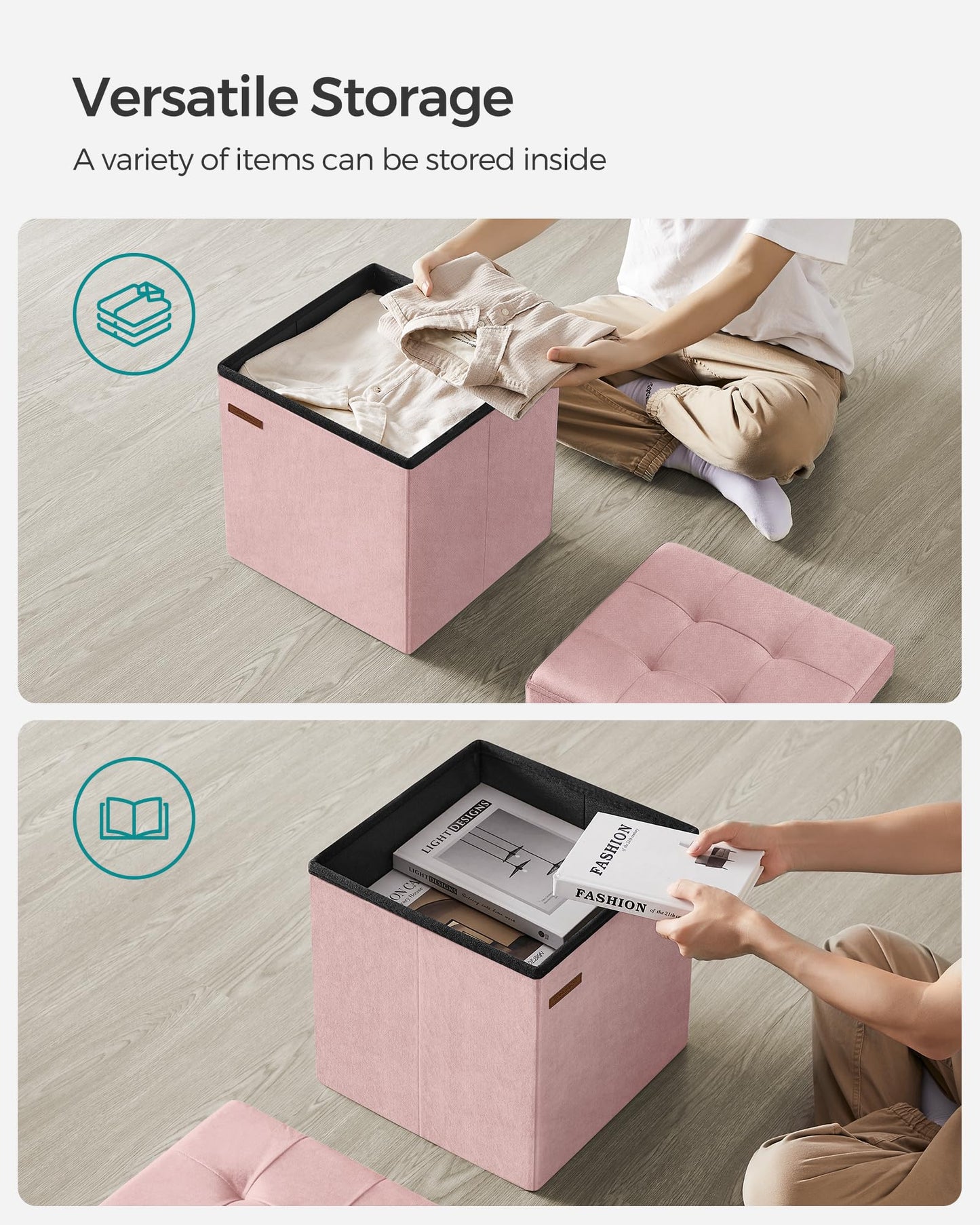SONGMICS Small Storage Ottoman, Folding Ottoman Cube, 15 x 15 x 15 Inches, Footstool, Footrest, 11 Gal. (43 L), Velvet Surface, for Bedroom, Living Room, Dorm, Jelly Pink ULSF227R01
