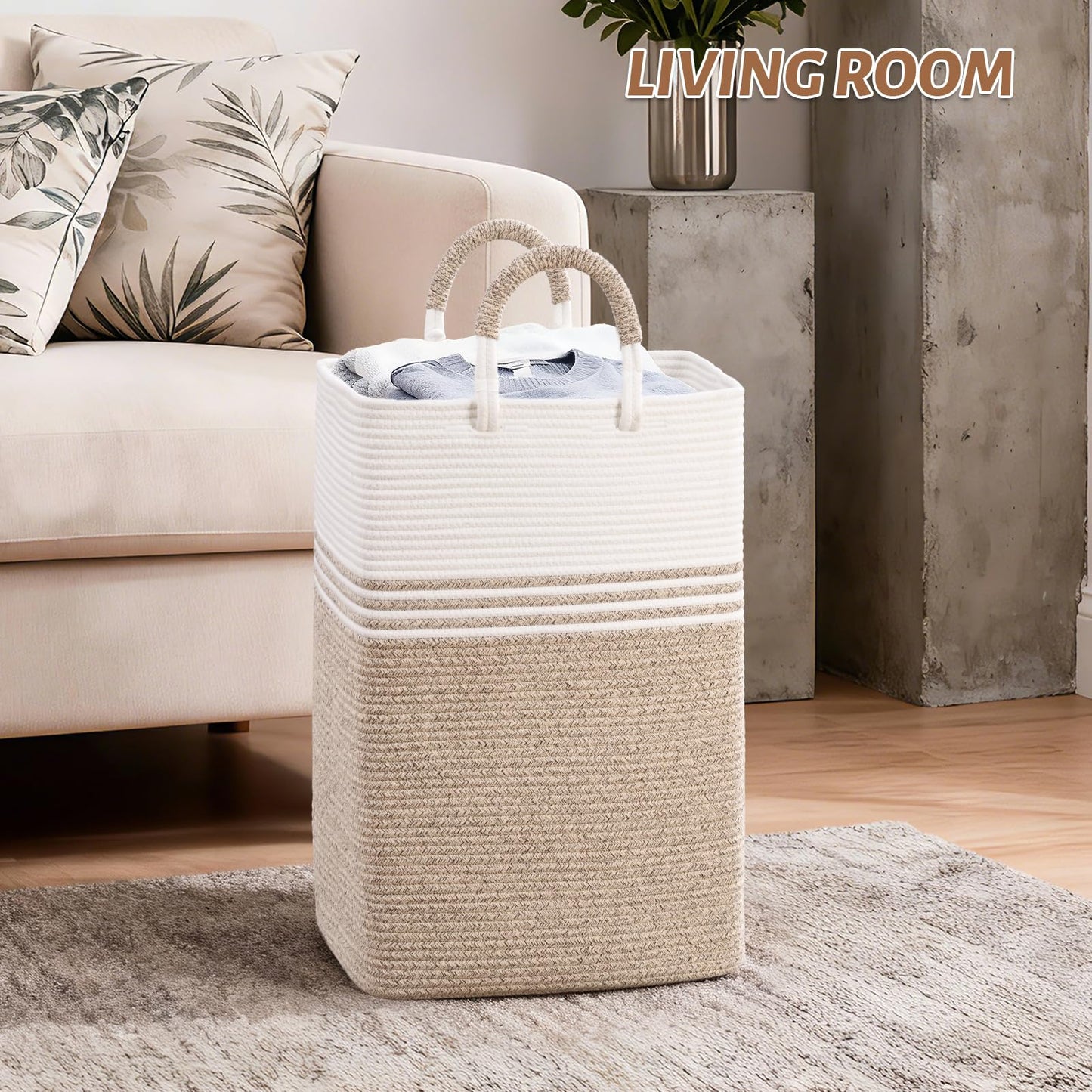 Laundry Basket Hamper,Blanket Storage,Dirty Clothes Hamper with Swivel Handles,Woven Cotton Rope Toy Baskets,Blanket Basket Living Room,Decorative Hampers for Nursery,Bedroom,White & Linen,100L
