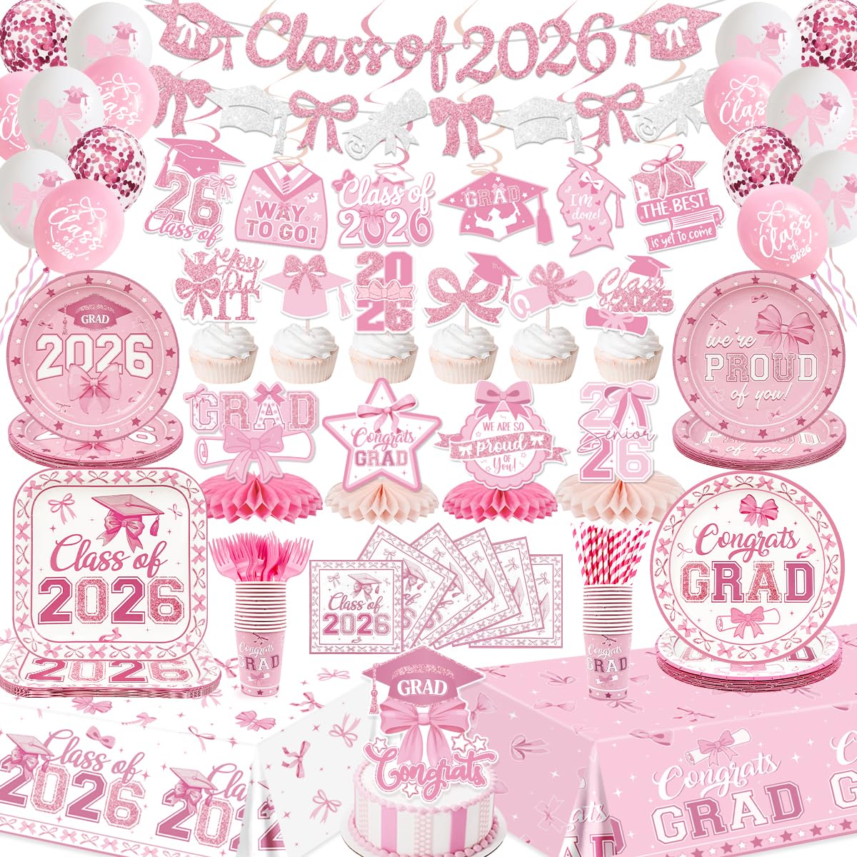 2026 Graduations Decorations Pink Bow Class of 2026 Plates and Napkins Banner Grad 2026 Tablecloth Congrats Grad Cake Topper Hanging Swirls Balloons Graduation Party Supplies