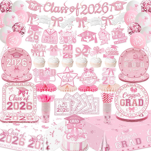 2026 Graduations Decorations Pink Bow Class of 2026 Plates and Napkins Banner Grad 2026 Tablecloth Congrats Grad Cake Topper Hanging Swirls Balloons Graduation Party Supplies