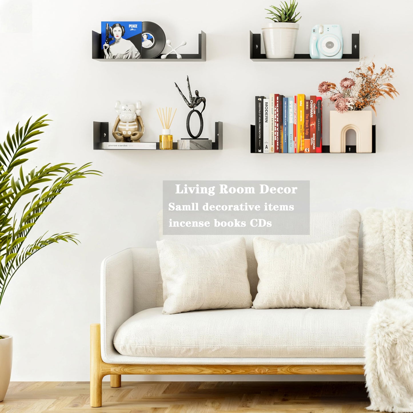 YFEEN Metal Bali Floating Wall Shelves 15.5&13.8INCH for Storage and Decor Wall Mounted CD DVD&Books Perfume, Make up Storage Shelves Living Room, Bedroom, Bathroom & Kitchen,4P,Black