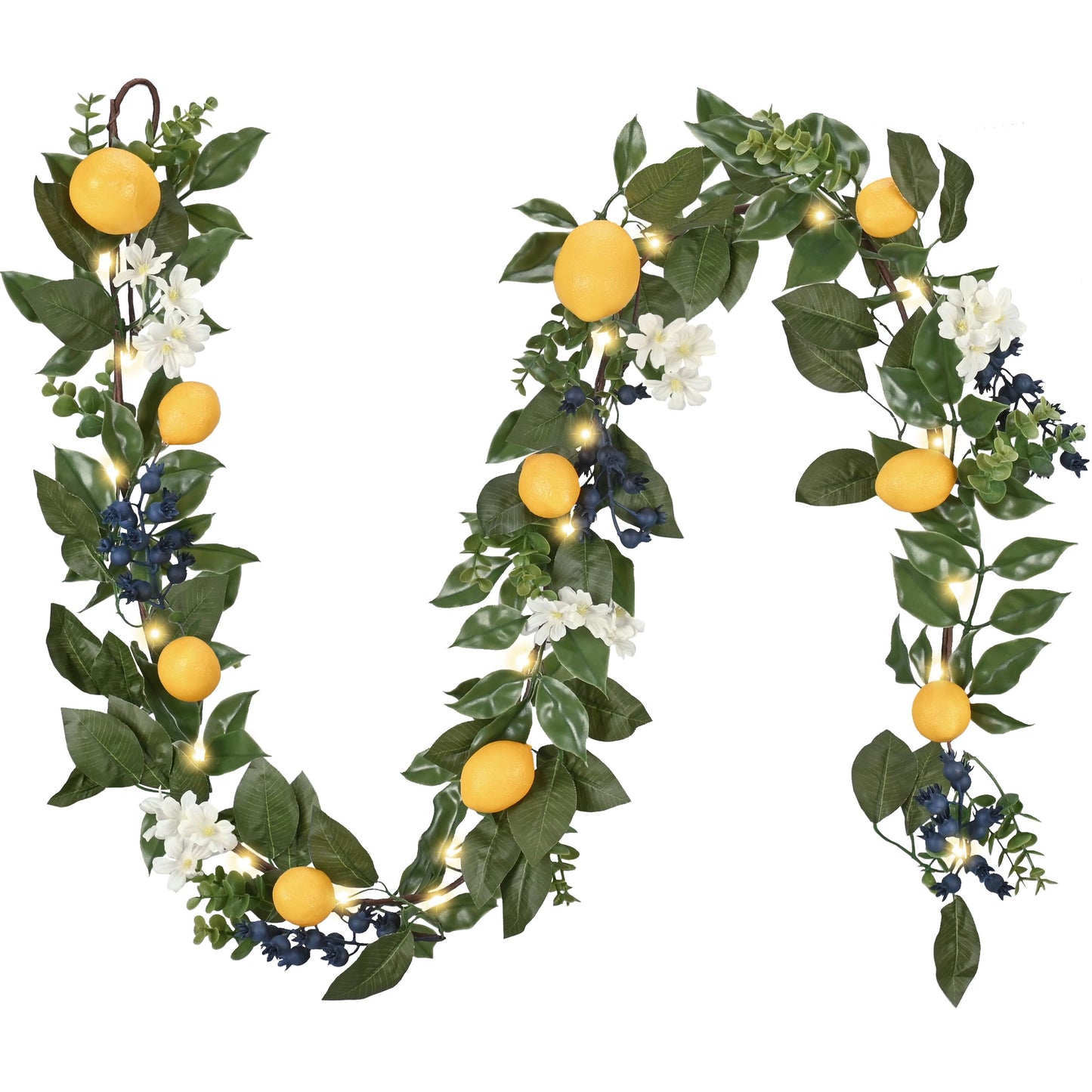 Valery Madelyn 6ft Pre-Lit Lemon Garland with Greenery, Thin Spring Summer Garland for Mantle with Lights, Artificial Fruit Vine for Stairs Fireplace Table, Farmhouse Kitchen Home Wall Party Decor