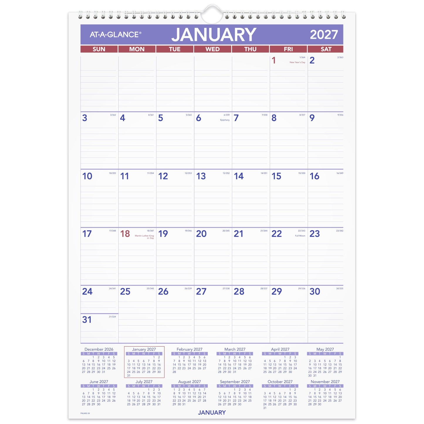 AT-A-GLANCE 2027 Erasable Calendar, Dry Erase Wall Planner, 12" x 17", Monthly, Marker Included (PMLM022827)