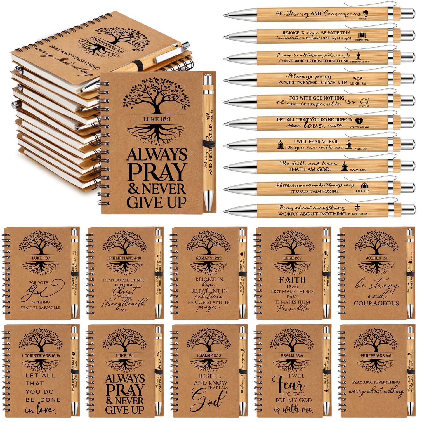Kosiz 40 Pcs/20 Set Fathers Day Christian Gifts Bulk Religious Spiral Notebook with Bible Verse Pen Prayer Journal Inspirational Notepad for Men Women Church Birthday Bible Study (English Tree of Life)