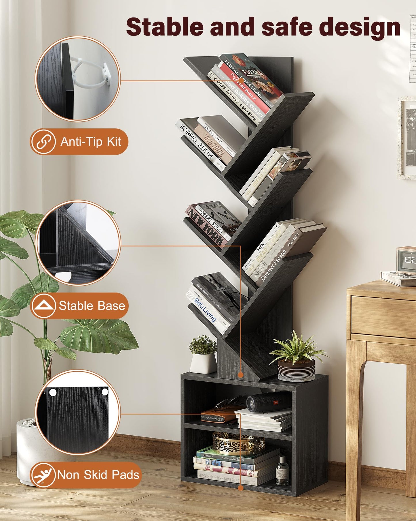 SUNMORY 6 Tier Tree Bookshelf, Small Bookcase with Storage Cabinet, Modern Narrow Bookshelves Organizer, Floor Standing Book Shelf for Bedroom/Living Room/Home Office/Corner, Black