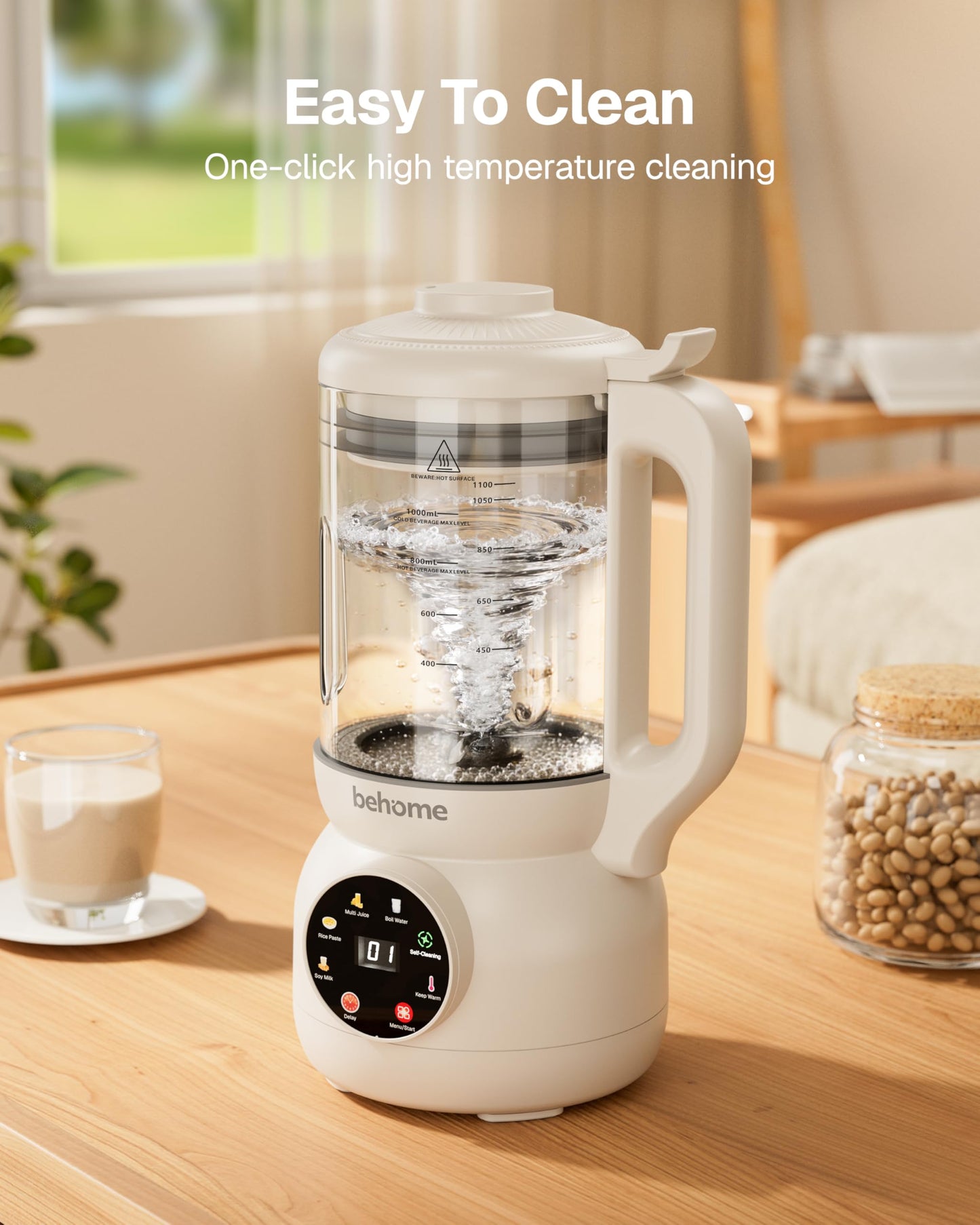 Behome 8 in 1 Nut Milk Maker Machine Blender – Glass Plant 32oz Milk Machine for Almond, Oat & Soy Milk, Self-Cleaning Vegan with No-Soak Beans, Delay Start & Keep Warm, Dairy-Free Beverage Maker