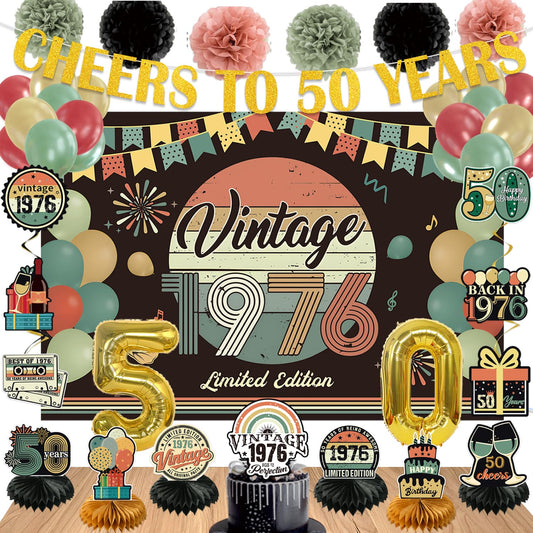 47Pcs 50th Birthday Decorations for Men Women, PRE-STRUNG Vintage 1976 Banner Party Supplies,Back in 1976 Backdrop,Cake Topper,Balloons,6 Table Centerpieces,Hanging Swirls,Paper Pompoms PRE-ASSEMBLED