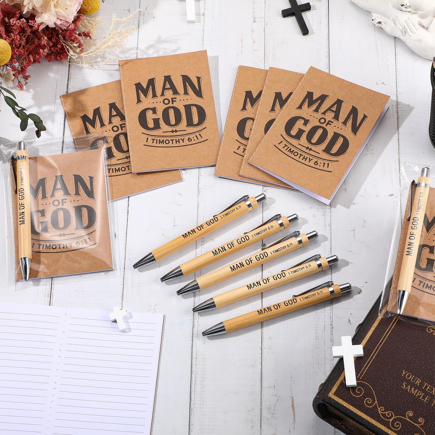 Sinload 50 Set Father's Day Christian Gifts for Men Man of God Gifts 1 Timothy 6: 11 Man of God Notebook and Pen Set Religious Prayer Journal Bible Verse Notepad Bamboo Pen