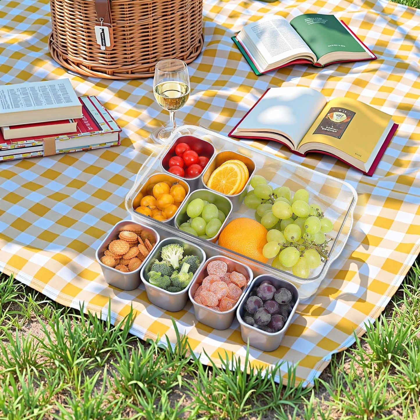 Snackle Box Container, 304 Stainless Steel Snack Containers, Snacklebox, Divided Serving Tray with Lid and Handle, Portable Snack Tray for Beach, Road Trip, Picnic, Boat Days, Ball Games and Pool
