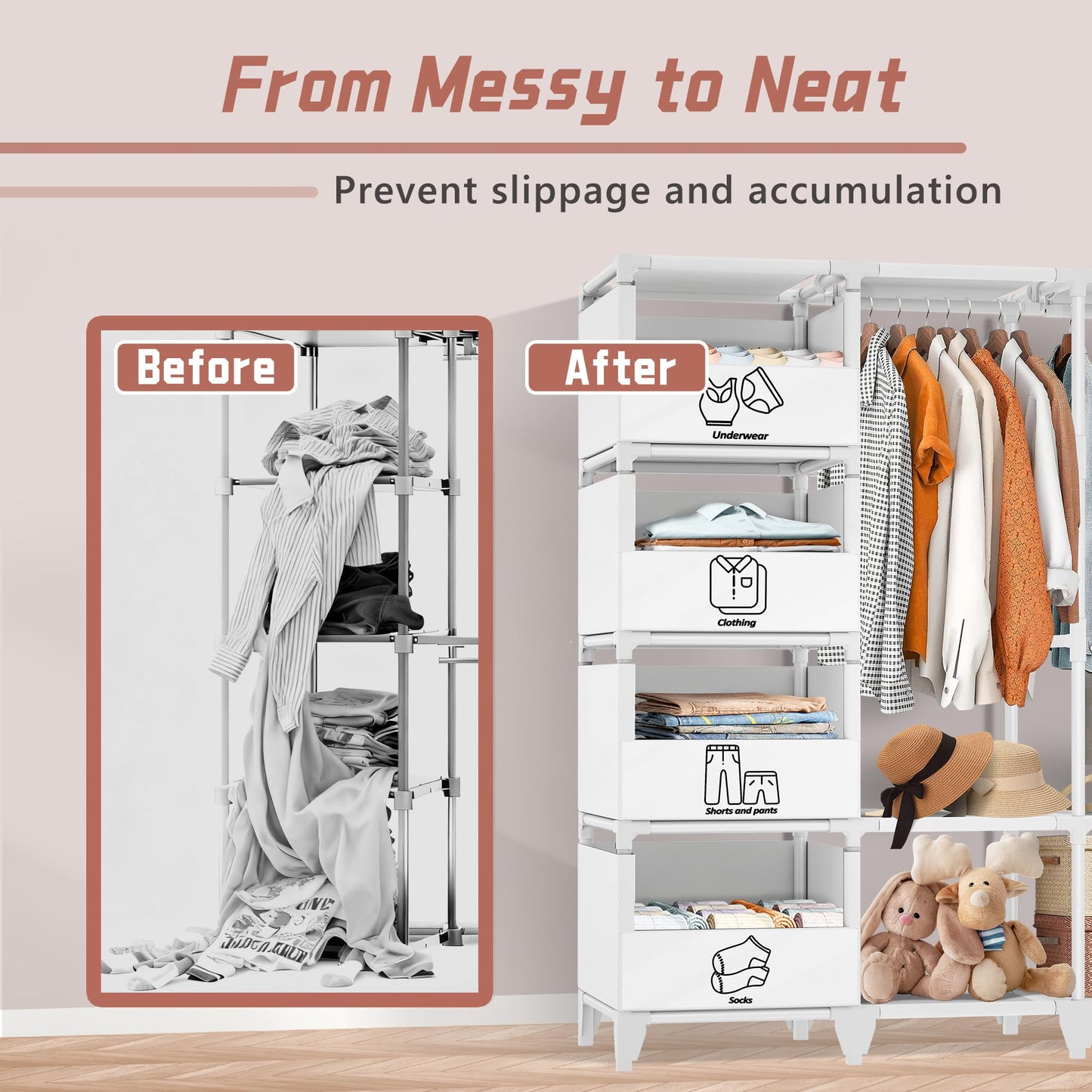 Jofuler Portable Closet, Easy Assembly, Large Capacity Wardrobe Closet, Sturdy and Stable Clothes Rack with Shelves 4 Storage Baskets and 2 Hanging Rods, for Bedroom and Cloakroom White