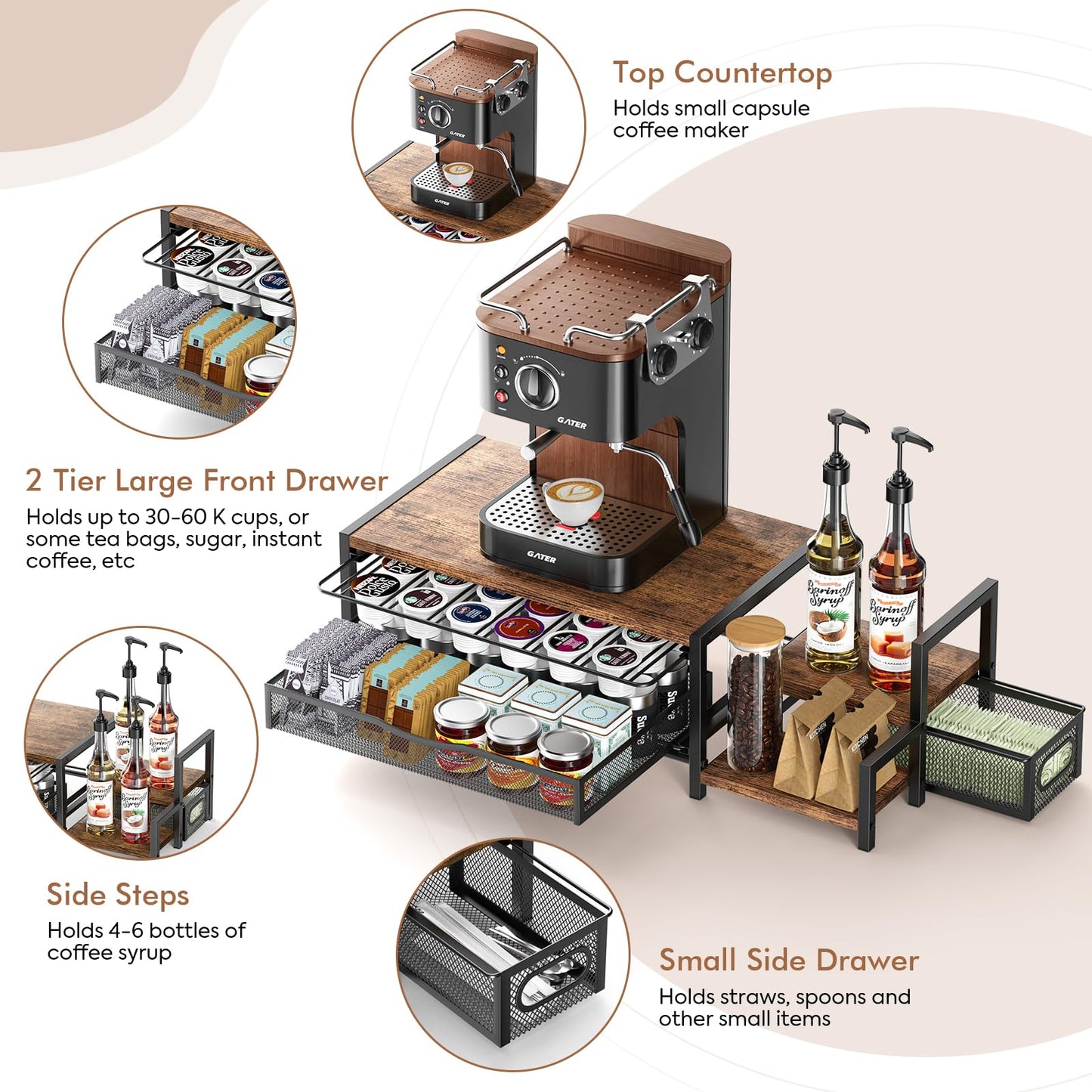 Kssiaz K Cup Holder, 2-Tier Coffee Pod Holder for 48 Pods, K Cup Drawer Organizer with Sliding Storage Drawer, Coffee Bar Station Organizer for Countertop, Space Saving, Home & Office, Brown