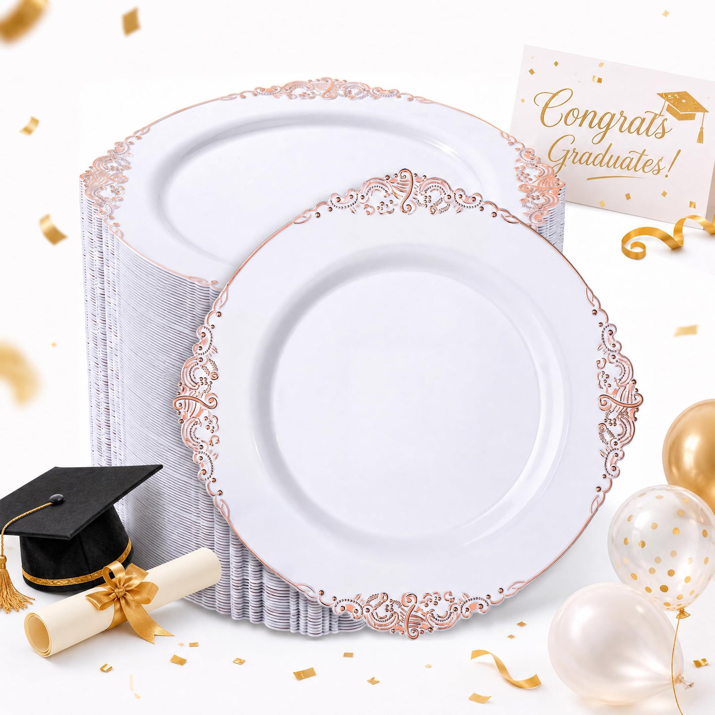 Morejoy 100 Pieces Rose Gold Plastic Plates - Rose Gold Disposable Plates - 10.25inch White Plastic Dinner Plates With Rose Gold Rim for Weddings & Parties & Graduation Party