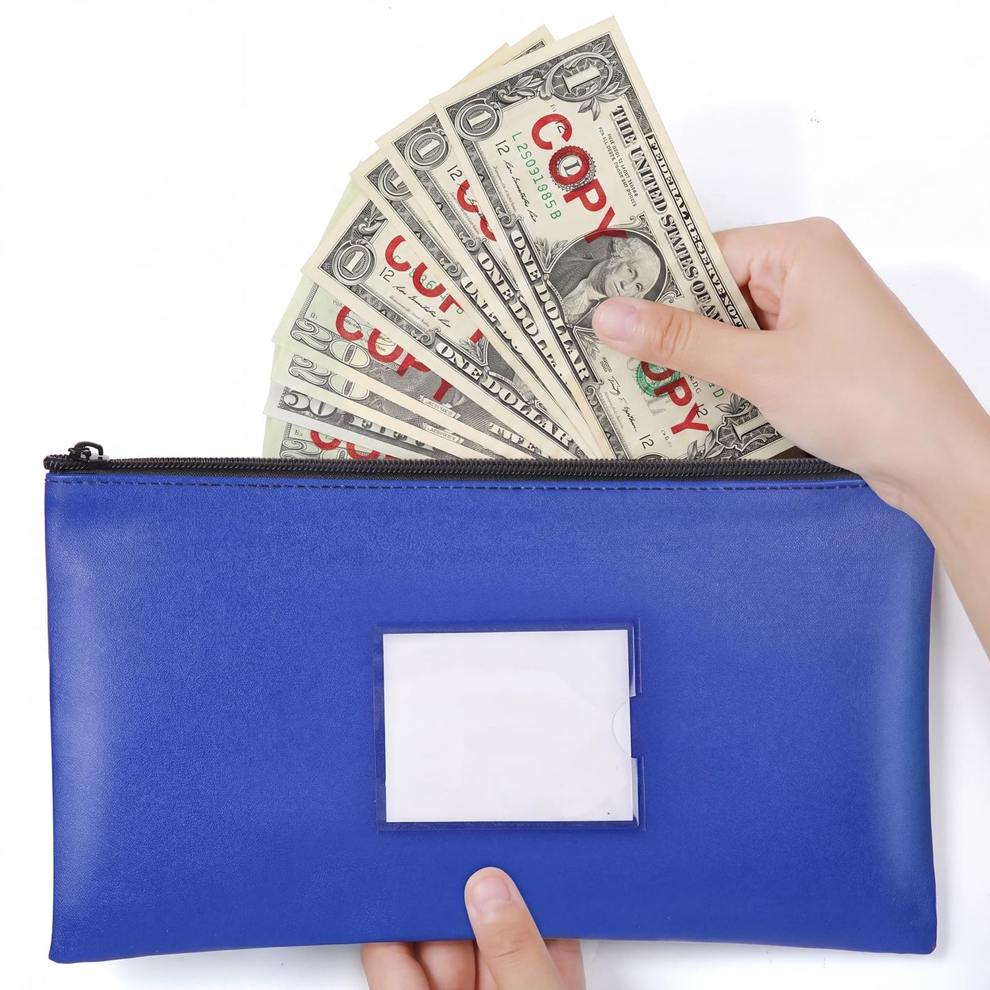 Potchen 20 Pcs Money Bank Bag with Zipper 11 x 6 Inch Money Pouch Bulk Security Bank Deposit Bag with Clear Window Leatherette Cash Coin Wallet for Women Men(Dark Blue)