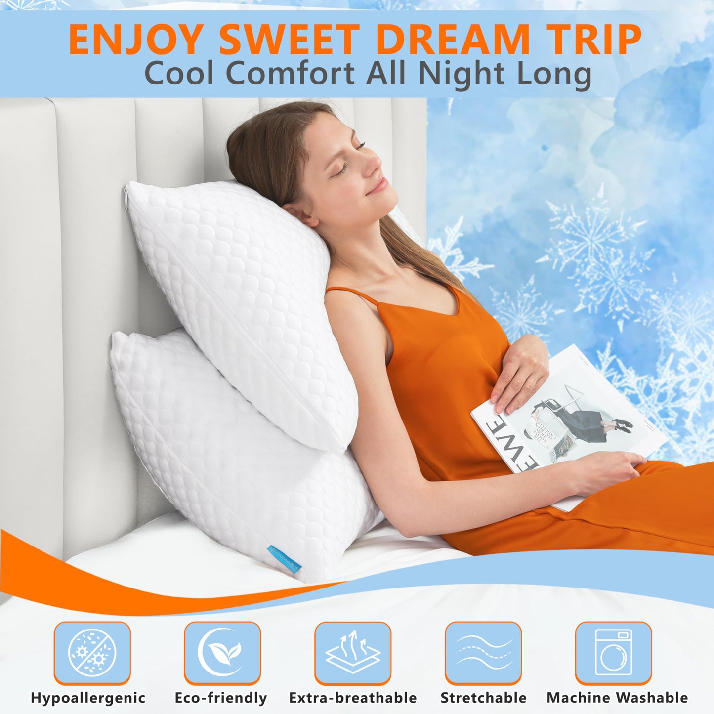 UYWO Cooling Pillows King Size Set of 2, Memory Foam Pillows with Zipper, Firm Bed Pillows Adjustable for Hot Side Back Stomach Sleepers