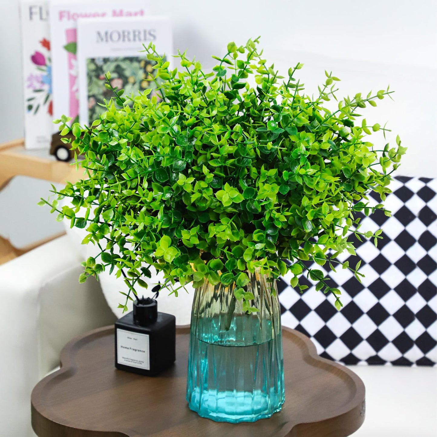 24 Bundles Greenery Artificial Plants Outdoors, Eucalyptus Stems UV Resistant Fake Foliage Plants Faux Boxwood Shrubs Indoor Decorations Artificial Flowers for Garden Pot Porch Fence Hanging Planter