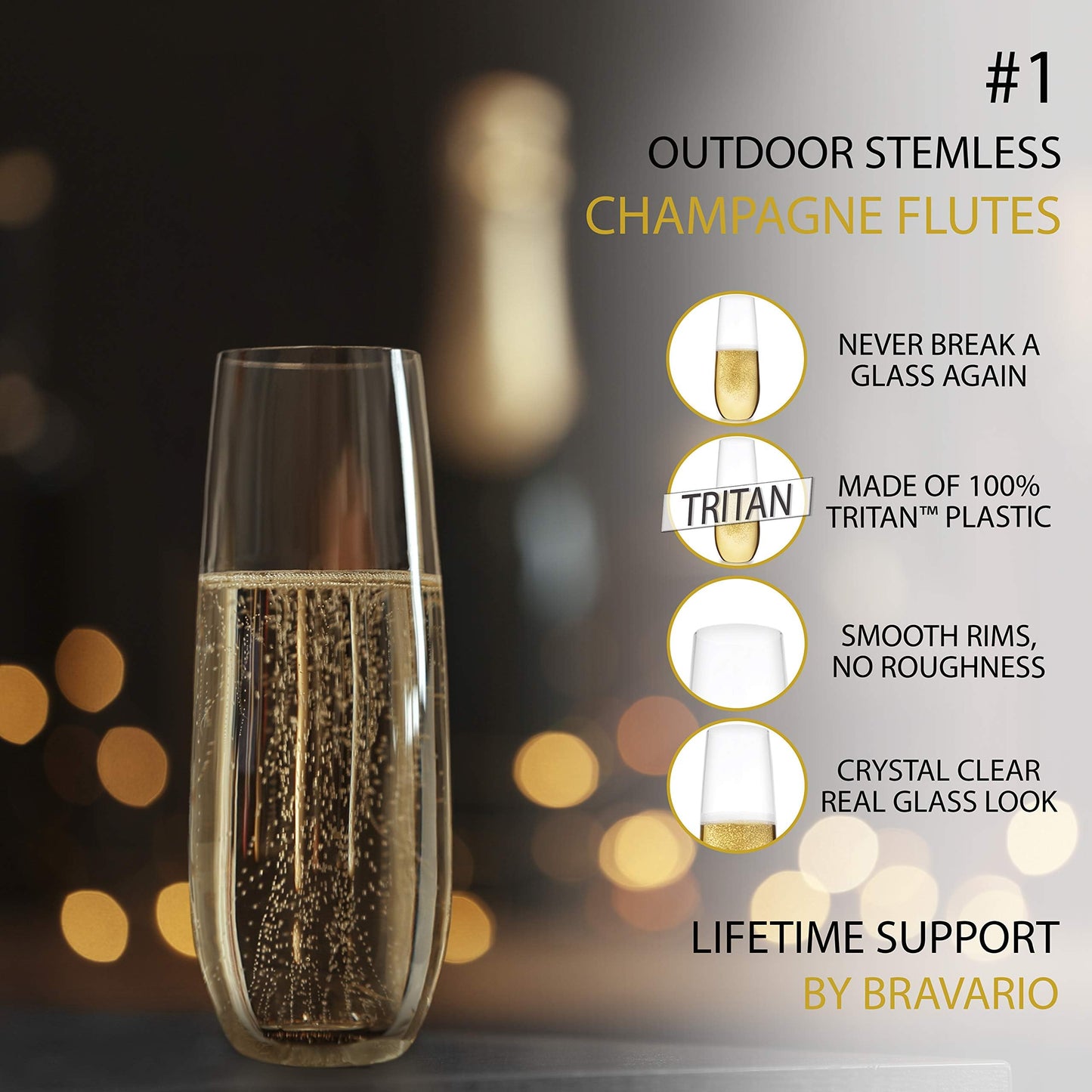 Bravario Plastic Champagne Flutes, Heavy Duty Unbreakable Stemless Tritan Glasses, BPA-free, Reusable, 8.5 oz, Set of 8