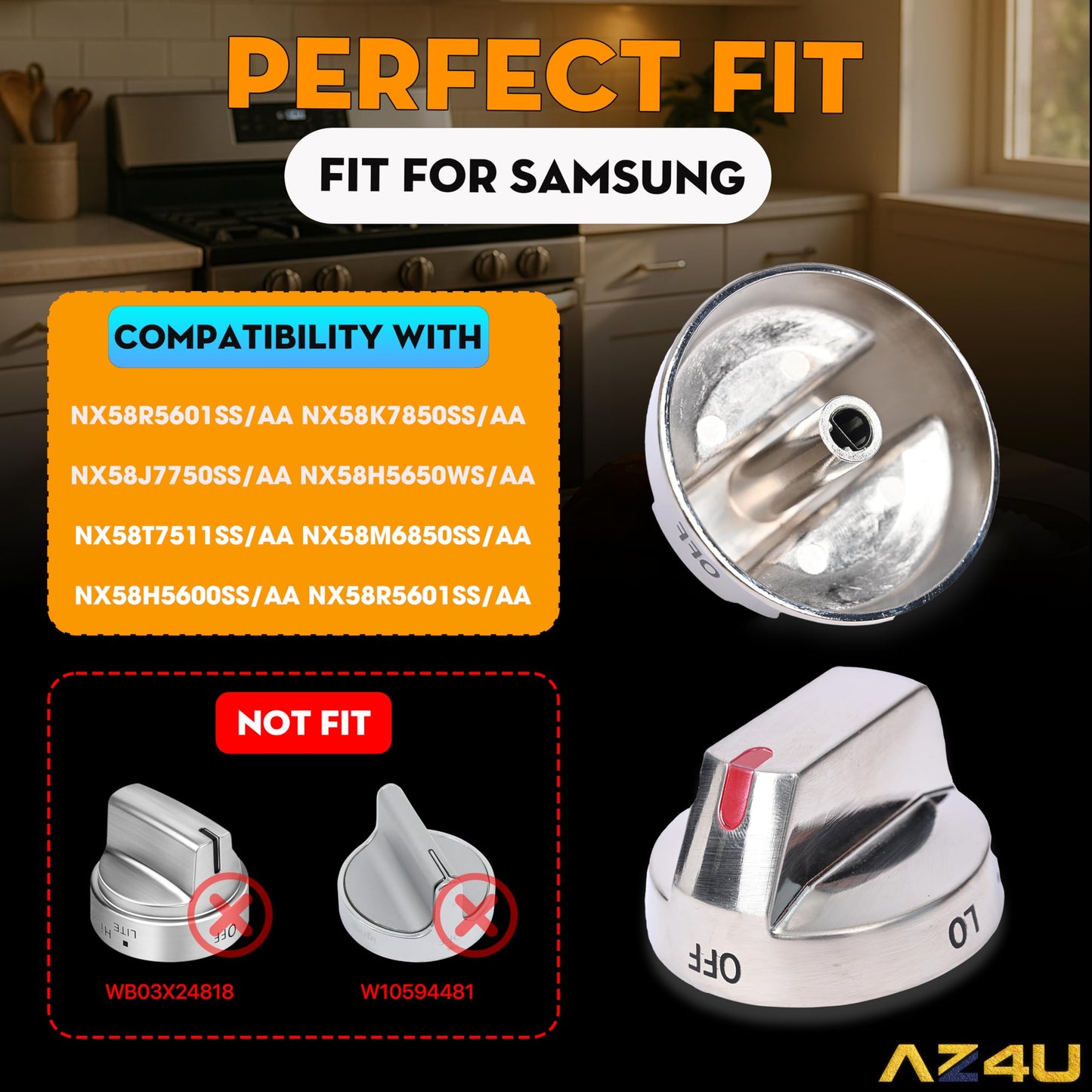 AZ4U 5Pcs DG64-00473A Range Burner Dial Knob Range Oven Knob Compatible with Samsung Gas Range NX58F5700WS NX58K7850SS NX58H5600SS NX58J7750SS NX58M6850SS NX58H5650WS (Full Metal)