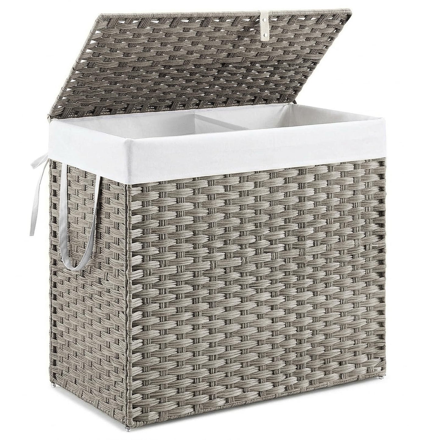 DUMOS Wicker Laundry Basket with Lid, 110L Woven Laundry Hamper with Handles, Foldable Rattan Clothes Hamper with Removable Liner & Sturdy Steel Frame, Dove Gray