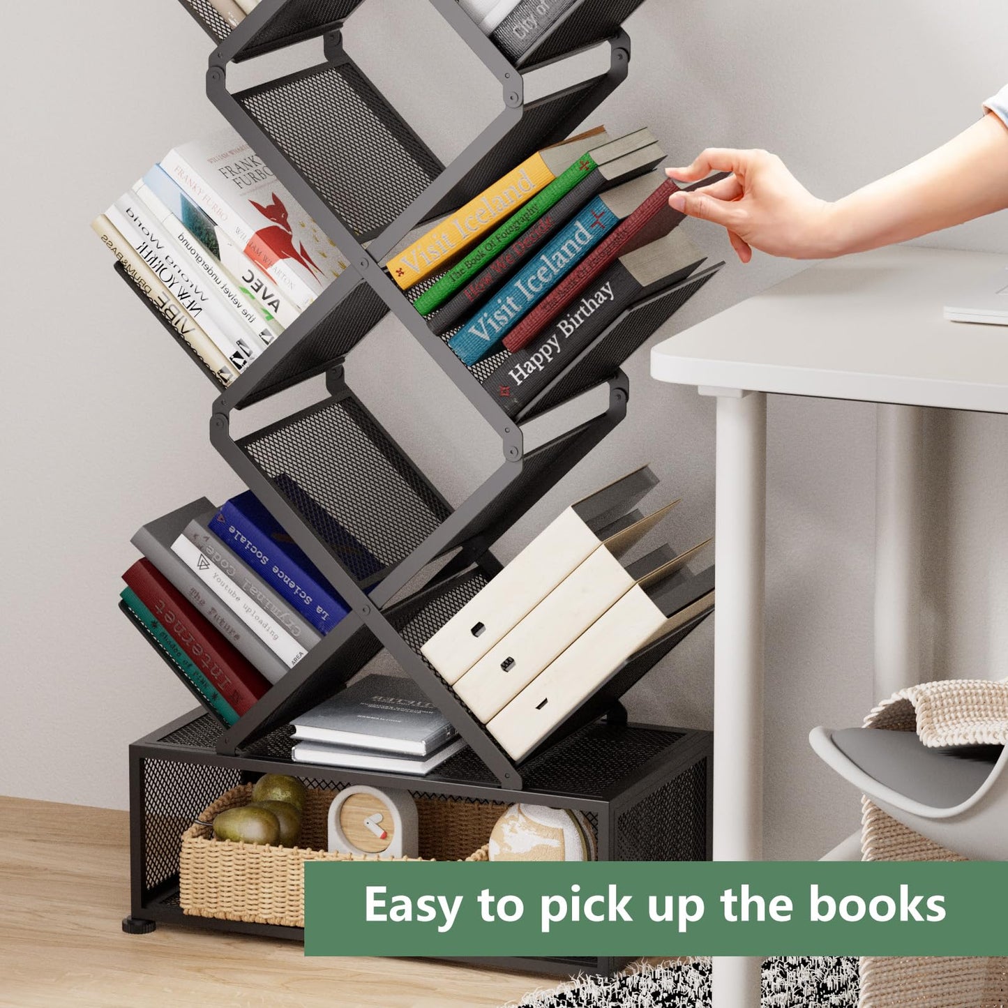 Gintan 9-Tier Space Saving Book Shelf with Storage,Bedroom Shelves Folding Bookshelves,No Installation Required Shelf Tree Metal Bookshelf for Living Room,Study,Home Office,Bed Room (Black)