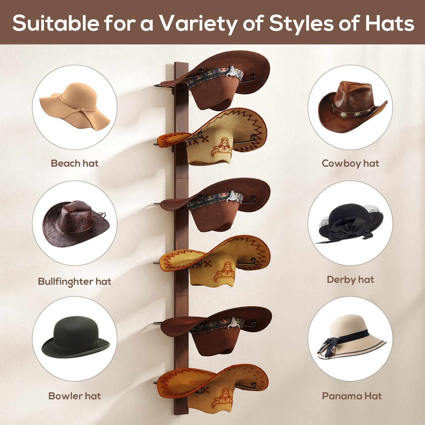 TIPSYTREE Cowboy Hat Holder, 3-Piece Wall Mount Cowboy Hat Rack for Wall Holds up to 6 Hats – Wooden + Metal Rustic Western DIY Hat Racks for Wall Storage and Home Décor
