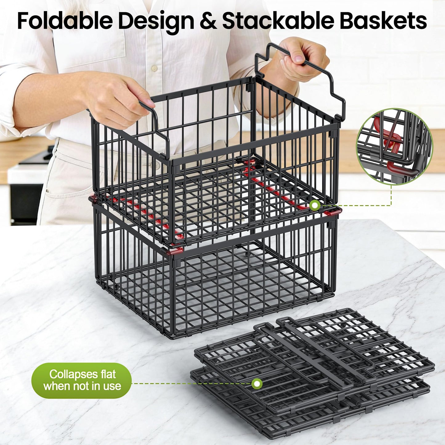 MSERCUOR Freezer Organizer Bins, 3 Pack Big Stackable Deep Chest Freezer Organizer Bins, Foldable Baskets with Handles, Black Storage Container Baskets for 5 to 9 Cu.FT Deep Freezer Sort Frozen Meats