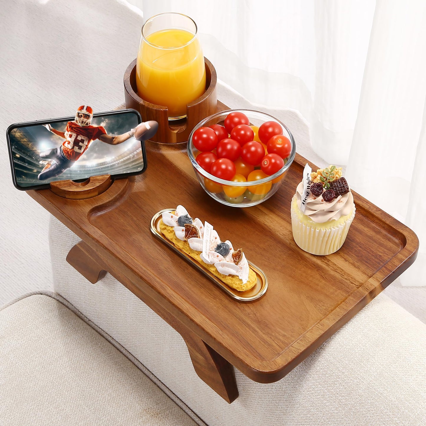 Acanacle Couch Armrest Table Acacia with 360°Rotating Phone & Cup Holders,15.4" x 9.8", 3-in-1 Couch Arm Tray Clip-On Couch Tray for Drinks & Snacks