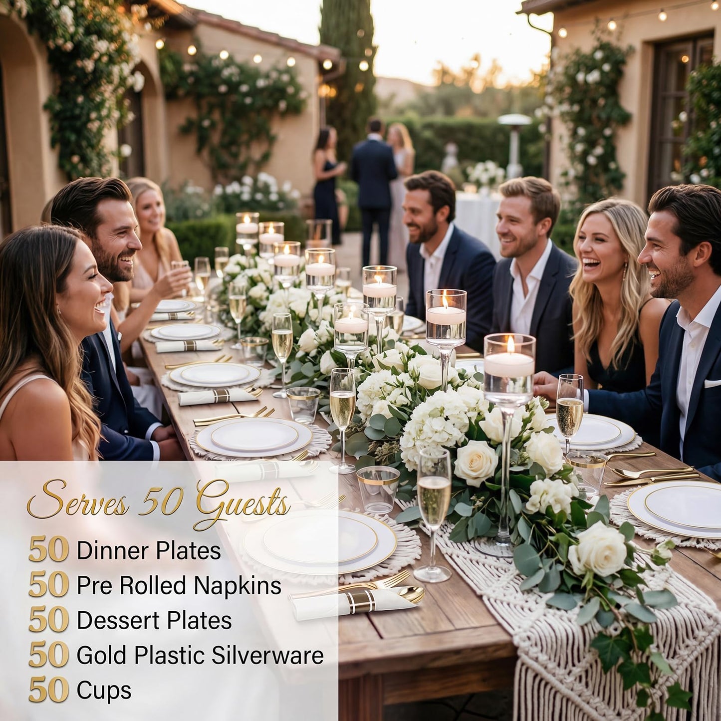 KIRE 175PCS Gold Plates Disposable - Heavy Duty White and Gold Plastic Plates Dinnerware Sets - 25 for Dinner 25 for Dessert 25 Pre Rolled Napkins and 25 Cups for Birthday/Wedding/Party